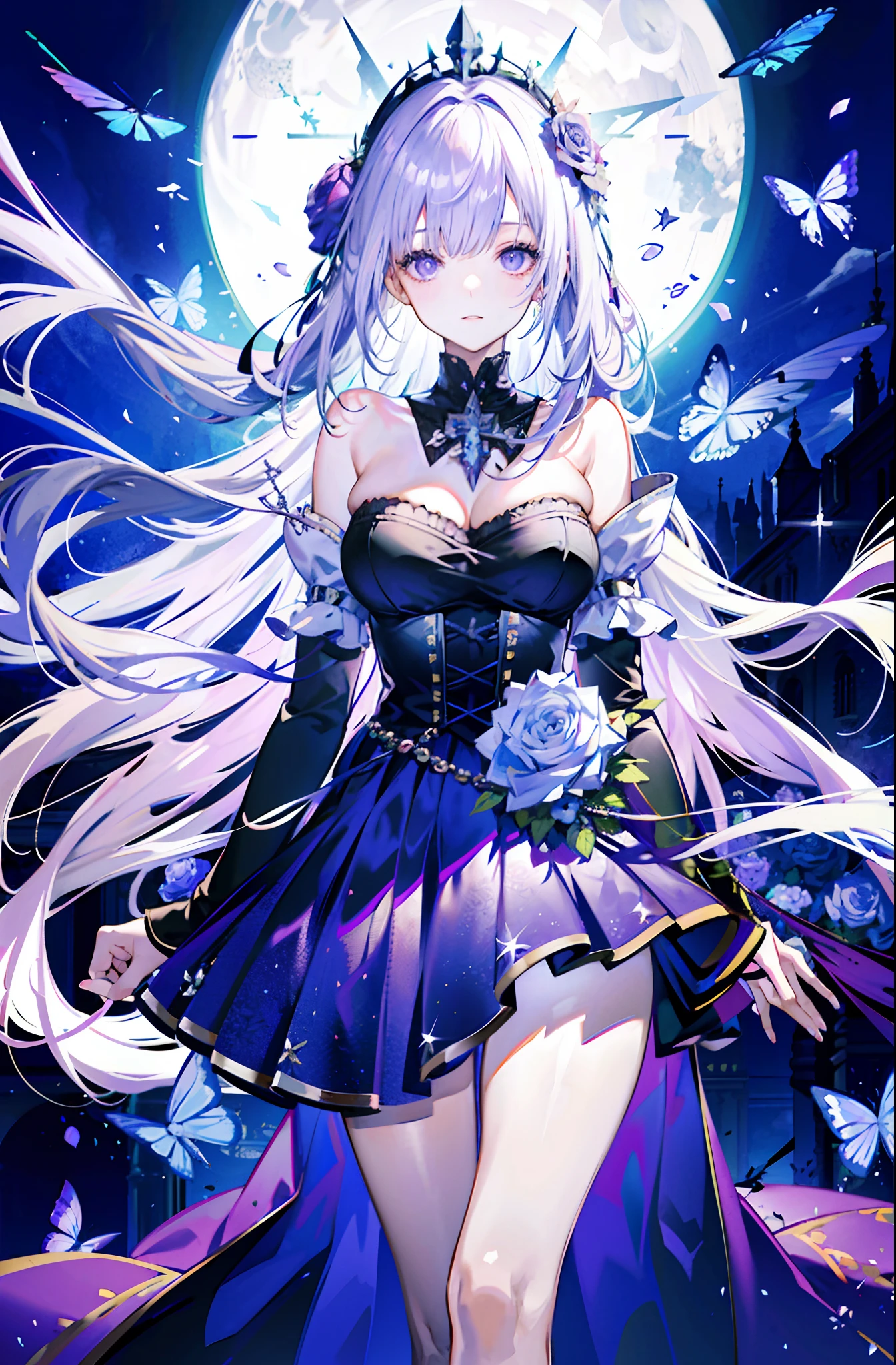 silber hair，butterflys，long whitr hair，8k wallpaper，detailedbackground，Highest high resolution，deep v big breasts，Hair over eyes，Bandeau，Inside a medieval castle，Purple roses，tight-fitting，themoon，stocklings，((2 beauties，twincest))