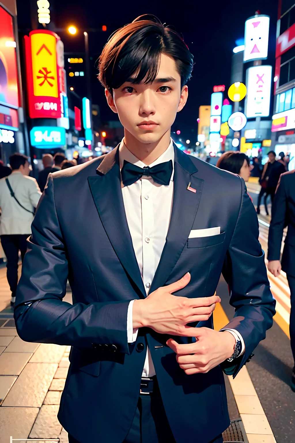 1 man, 25 years old Japan male, (male: 1.5), gray eyes, hanging eyes, (short: 1.3), mushroom hair, ((formal)), ((dark blue jacket)), (handsome, sharp), neutral facial features,)))), (sturdy muscular body), (slender physique), SFW, outdoor, detailed background, big city at night,
