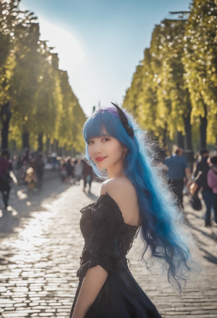 Raw photography, top-quality, ​masterpiece, extremely delicate and beautiful, ighly detailed, nffsw, Unity, 8K Picture Wallpaper, amazingly detail, detaile, ​masterpiece, top-quality, Official art, Highly detailed ticker Unity 8k wallpaper, ultra-detailliert, hight resolution, ighly detailed, Clair, Focus, (top-quality), (realisitic, Photorealsitic:1.5), 8K, Soft lighting, hightquality, lighting like a movie, 1girl in、twin（Uma Musume）、Twin-tailed、Twin tails are rabbit-style and long horsetail、Very very, very long twintails、Short hair、Hair tied at the back of the head、Tie your hair back、Wrap with black ribbon、a black ribbon、Hair color is light blue、Light blue hair、Light blue hair、Insanely bangs、Wake-up hairstyles、bouncing hair、Very blue, Very long horse ears、、、、、Eyes very, very, Very big、Purple eyes、Purple eyeballs、odd-eyes、Blue eyeballs and purple eyeballs、Purple eyes、Round eyes、🌀hitomi、Retract eyes、Open your mouth wide、Kiza tooth、Double teeth peeking out of the mouth、Supernatural Beautiful Girl、pure、natural、fool、Active、Bottomless cheerfulness、小柄、micro breast、small tits、Fancy Riders Jacket、Blue Hoodie、Pampering Pose、The background is the Arc de Triomphe、France、Walk through Arc de Triomphe Square