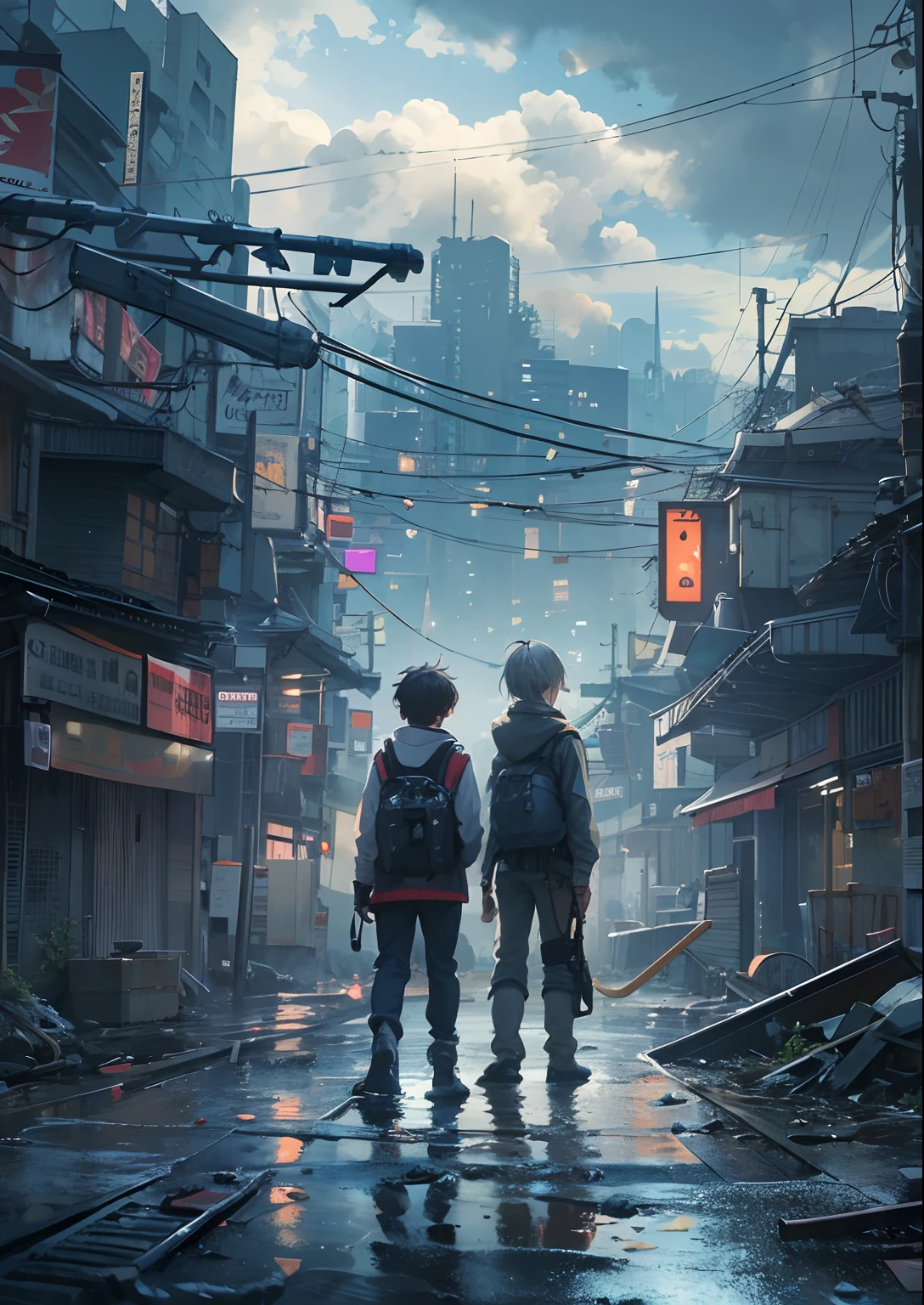 2boys,a boy、twins,Cyberpunk Boy、katanas,machine gun、silber hair、poneyTail、、Whole body bloody、The beginning of the adventure、Into the cloud、Beautiful fog,Chaotic city of the future、ruined and devastated city、Very complex Japan buildings、Beautiful lights、Dim lighting、puddles、Chaotic landscape、Beautiful and fantastic scenery、Cinematic scenery、hightquality、masutepiece,8K、hight resolution、ultra-detailliert,