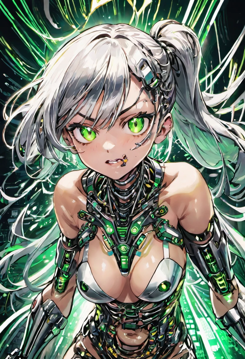 closeup of half cybernetic half human girl peeling herself from a circuit board silver hair green eyes lots of cervos and wires