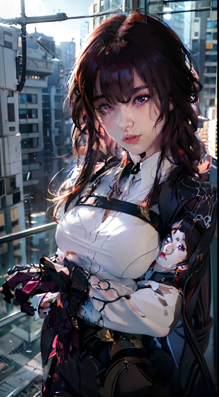 (8k, RAW photo, best quality, masterpiece), ultra high res, (realistic, photo-realistic), 1girl, solo, professional lighting, detailed lighting, backlighting, depth of field, natural lighting, hard focus, two-meter shooting distance, professional photoshoot, detailed eyes, realistic eyes, detailed shadow, game cg, cosplay,(kafka honkai star rail), fish eye lens, 35mm lens