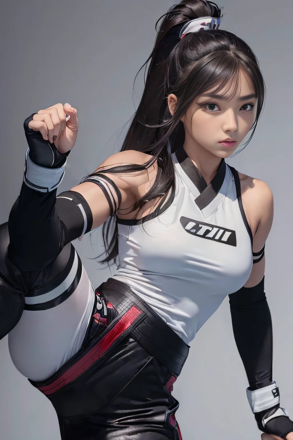 ((Best Quality, 8K, Masterpiece :1.3)), Female fighter in traditional Korean taekwondo uniform, Free-flowing ebony hair, And her piercing, The crystalline eyes are a dark shade of brown color. She wears black taekwondo gloves and matching boots, And her confident demeanor exudes sensuality and power.