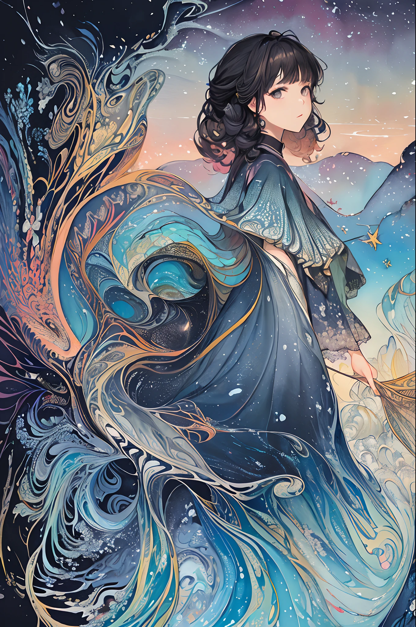 (​masterpiece、top-quality、top-quality、watercolor paiting(Curly)、Official art、Beautifully Aesthetic:1.2)、(1girl in:1.3)、(Fractal Art:1.3)、((Komono))、The upper part of the body、From Side、looking at the viewers、patterns、(Half gray and half black hair:1.2)、Eau、liquids、​​clouds、colourfull、starrysky、stele、