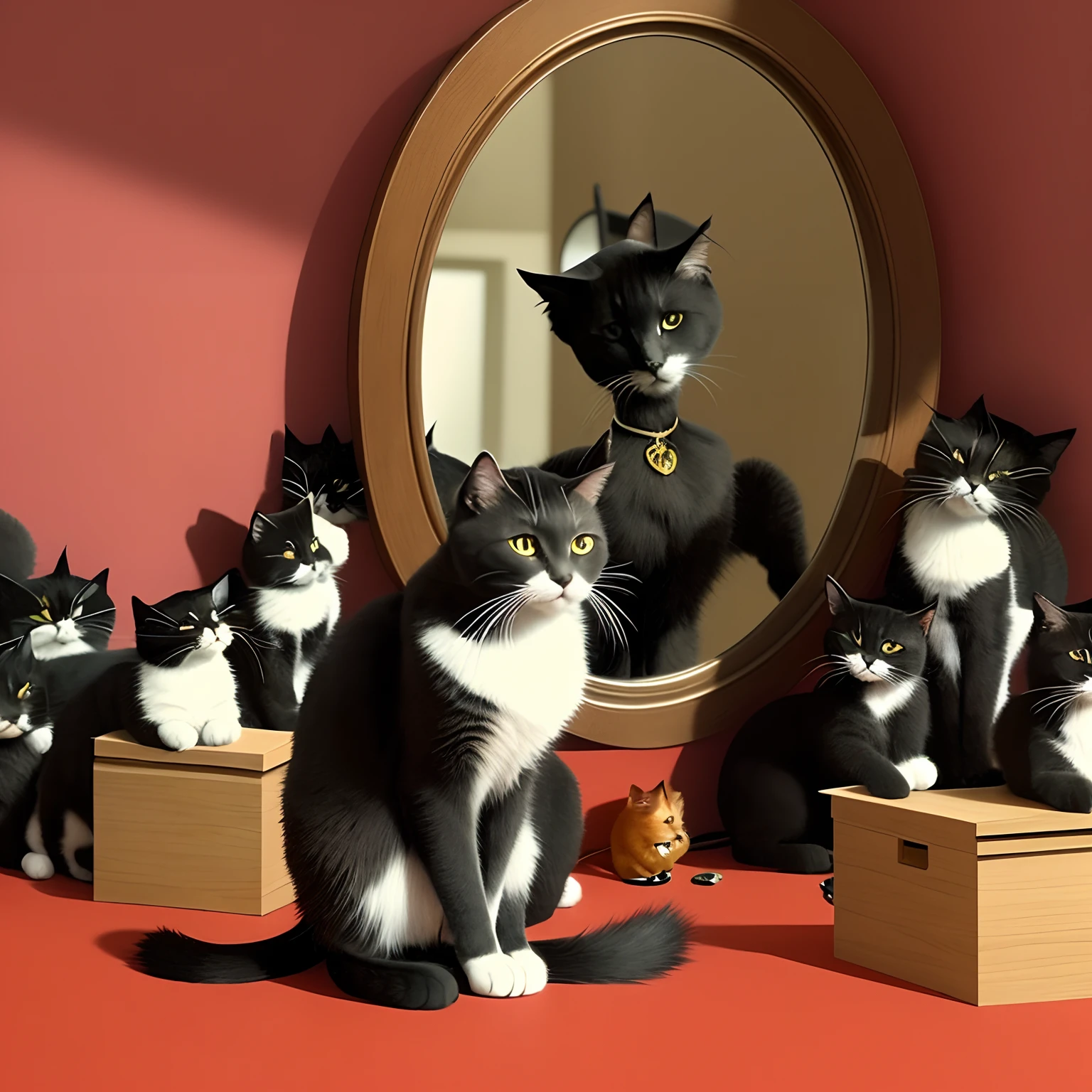 There's a black cat sitting in front of a mirror, Olhando no espelho para o eu mais velho, Olhar no espelho, com um espelho, Olhar no espelho, Olhando no espelho, Olhar no espelho, Directed by: Gawen Hamilton, ver um gato, O Deus das Trevas dos Gatos, um gato antro, inspirado em Leo Leuppi, em frente a um espelho