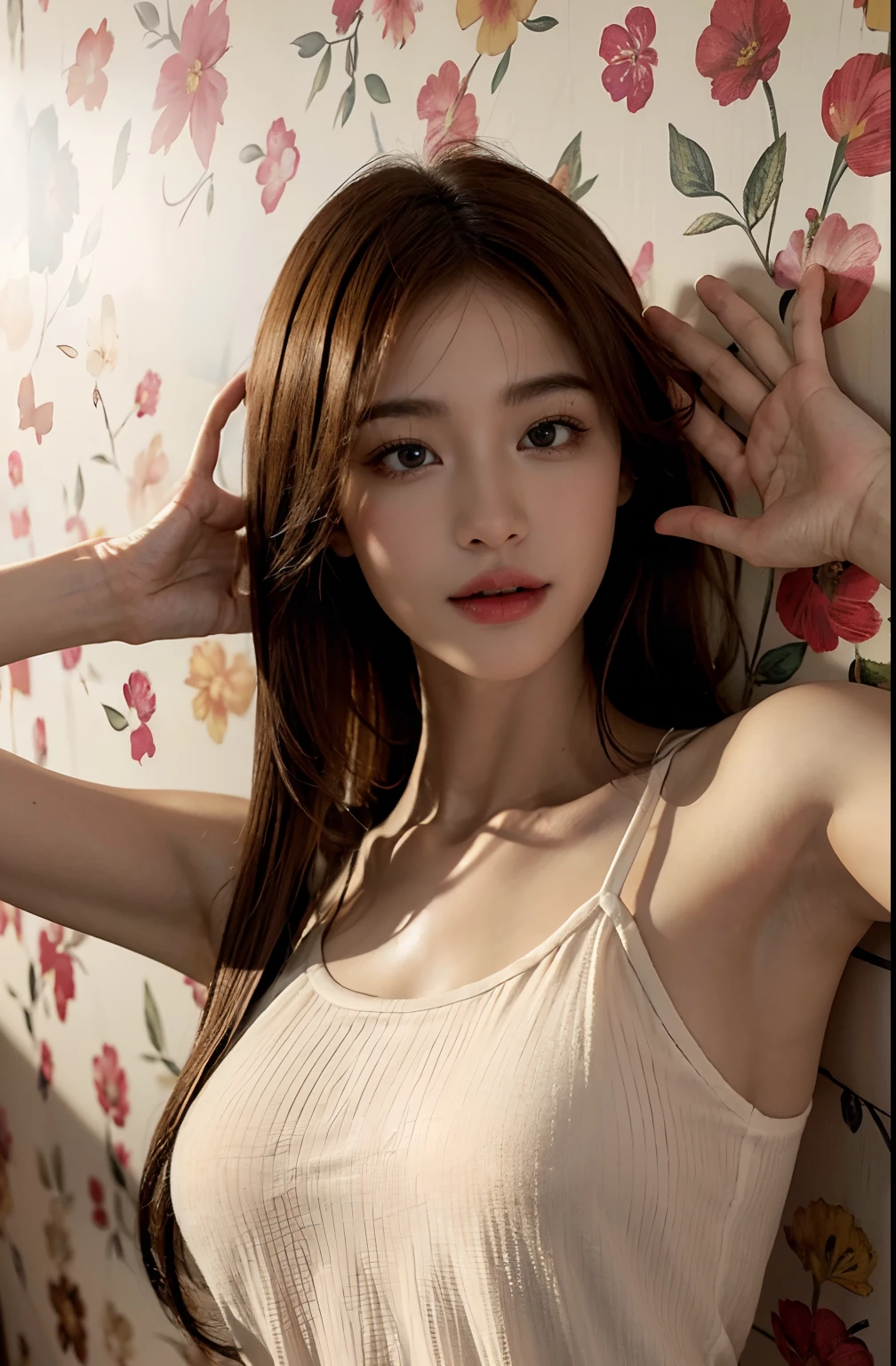 (A hyper-realistic), (Illustration), (hight resolution), (8K), (ighly detailed), (Best Illustration), (beatiful detailed eyes), (top-quality), (ultra-detailliert), (​masterpiece), (wall-paper), (详细的脸), Upper Body Up, hairarmpits, smil, pitt, Solo, Singles White Tank Top Girl, perspiring, People, The large, (camel fingers)