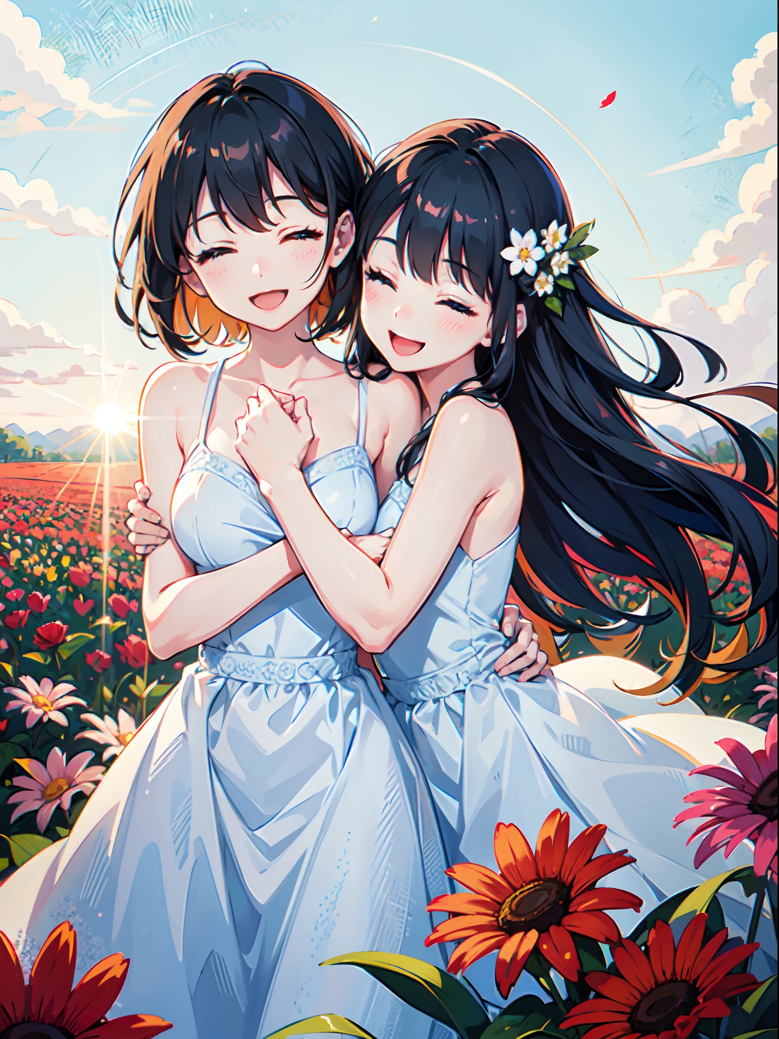 twogirls, Hugging, Smiling, Open mouth, Closed eyes, Red cheeks, flower field, Blue sky, Top image quality, Clear background, Highest Quality, High quality, Ultra-delicate, delicate illustration, delicate and beautiful face, suns, Light shining, Delicate arm and hands,