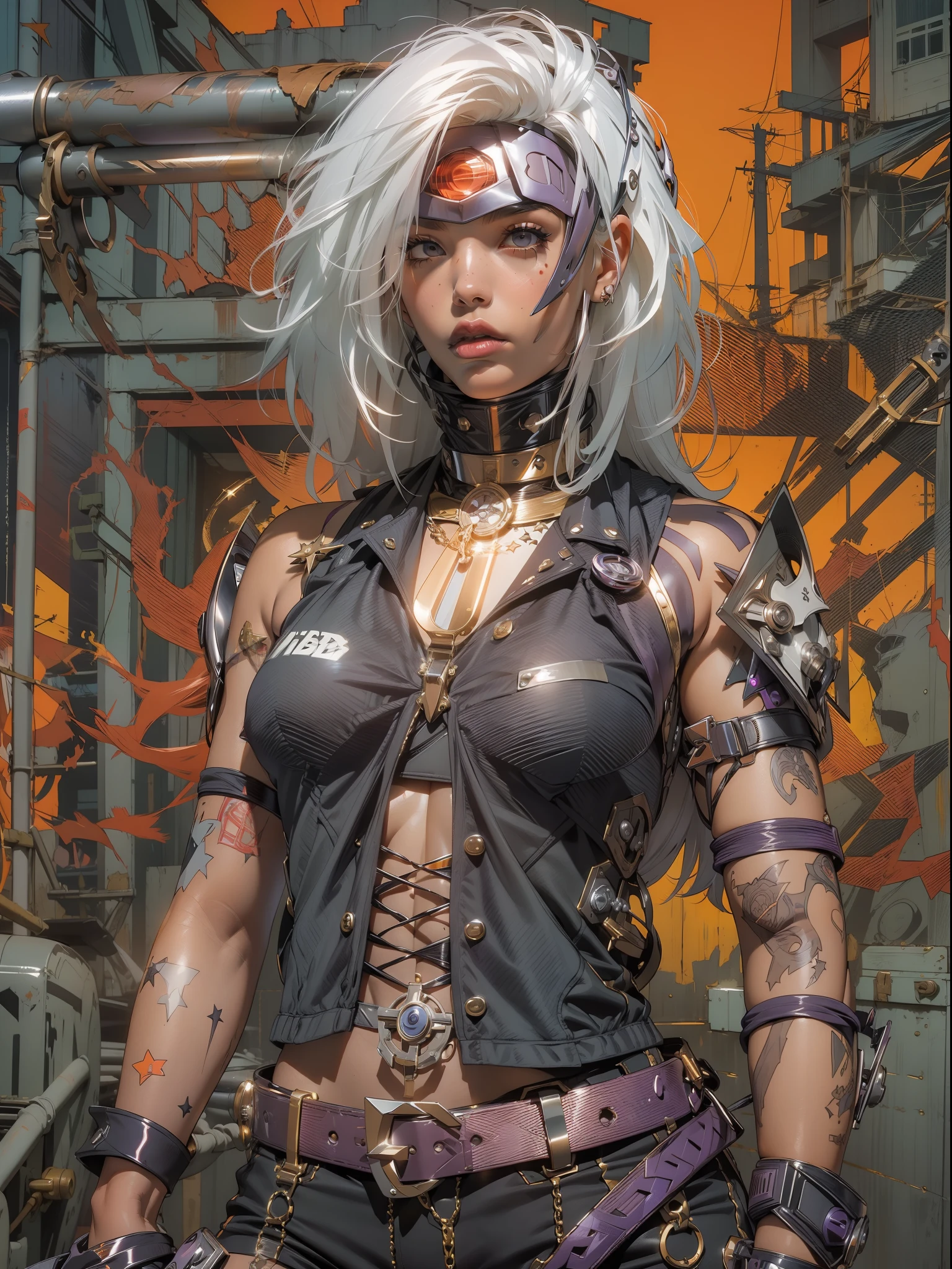 (((mulher))), (((melhor qualidade))), (((obra prima))), (((adulto))), (((1girl))), ((( corte de cabelo bob ))), Uma gladiadora cyberpunk mulher de 25 anos com corpo perfeito, shoulder pads with metal spines, Gladiadores do Brooklyn, (( corte de cabelo bob )), tiny leather panties, camiseta de time de rugby rasgada, quase nua no estilo selvagem urbano de Simon Bisley para a capa da revista Heavy Metal, Cabelo loiro curto, Minimum clothing, Metal protection on the left arm with intricate graphics, dark orange with white stars and white and purple checkerboard pattern, armadura, cheio de pontas e rebites, (((do joelho pra cima))), cabelos loiro branco curto, no fundo uma parede pintada por Shepard Fairey com um design intrincado