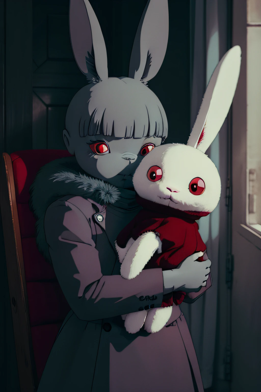 a stuffed bunny, toy, alone, grey furry, red eyes, terror, monster