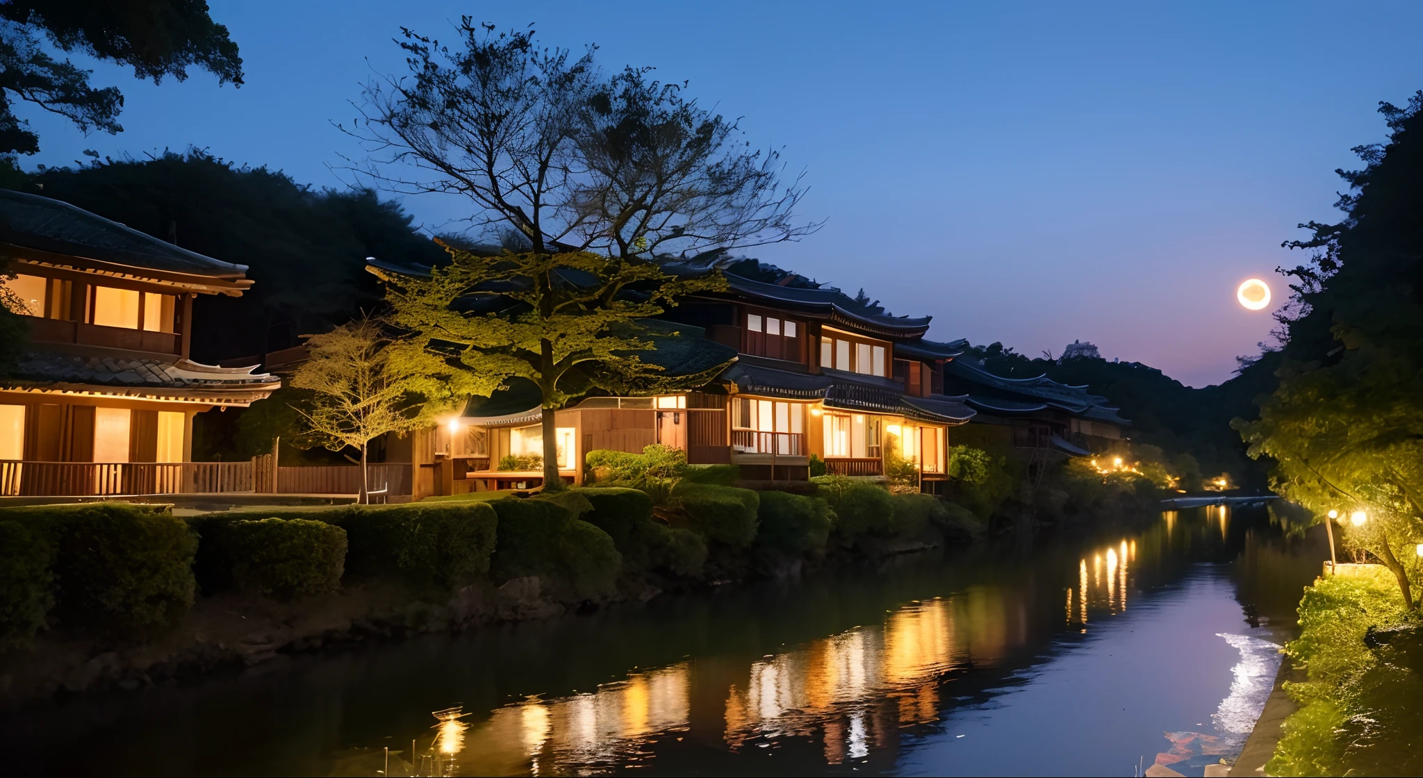 Houses by the small river at night,There is a tree next to it,There is a bright moon hanging in the sky。