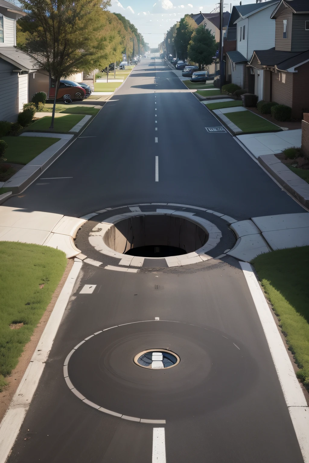 a black hole in the ground, in the middle of the street, suburbs, day, weird, from another dimension,