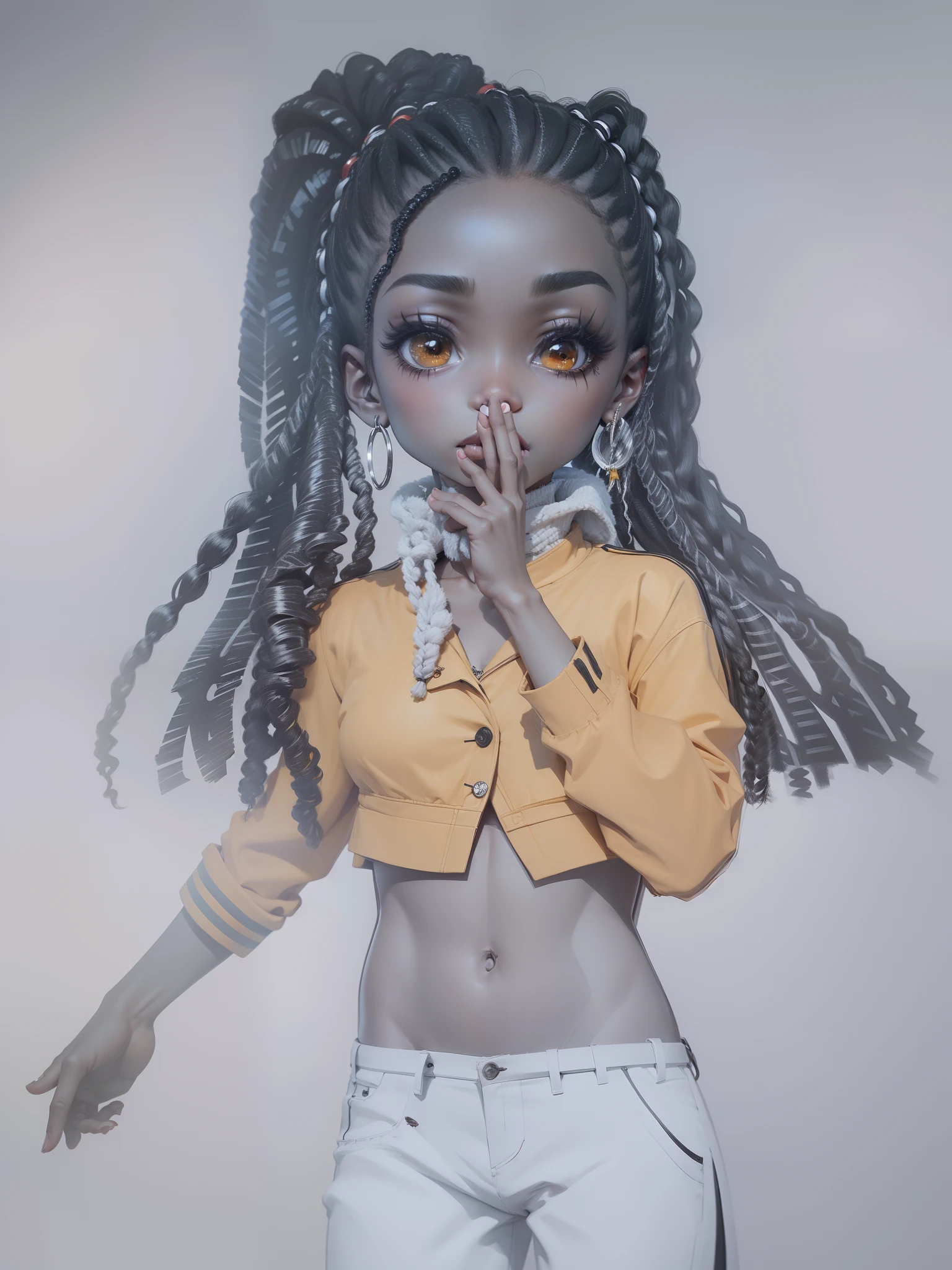Menina negra de cabelo dread, jaqueta laranja, simpatica, anime , realismo