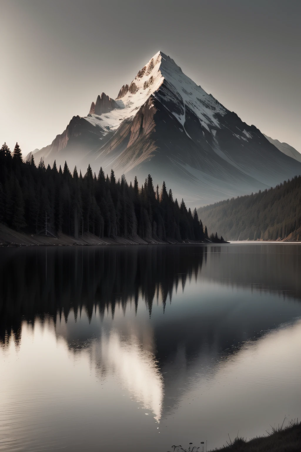 Ararfed view of a mountain with a lake and trees, inspirado em Darek Zabrocki, Wayne Barlowe Pierre Pellegrini, fotografia infared, inspirado em Ansel Adams, Lago da Montanha, 4k Greyscale HD fotografia, gloomy setting, Directed by: Wolfgang Zelmer, inspirado em Matthias Weischer, escuro e branco, bela paisagem escura, Mystic Lake