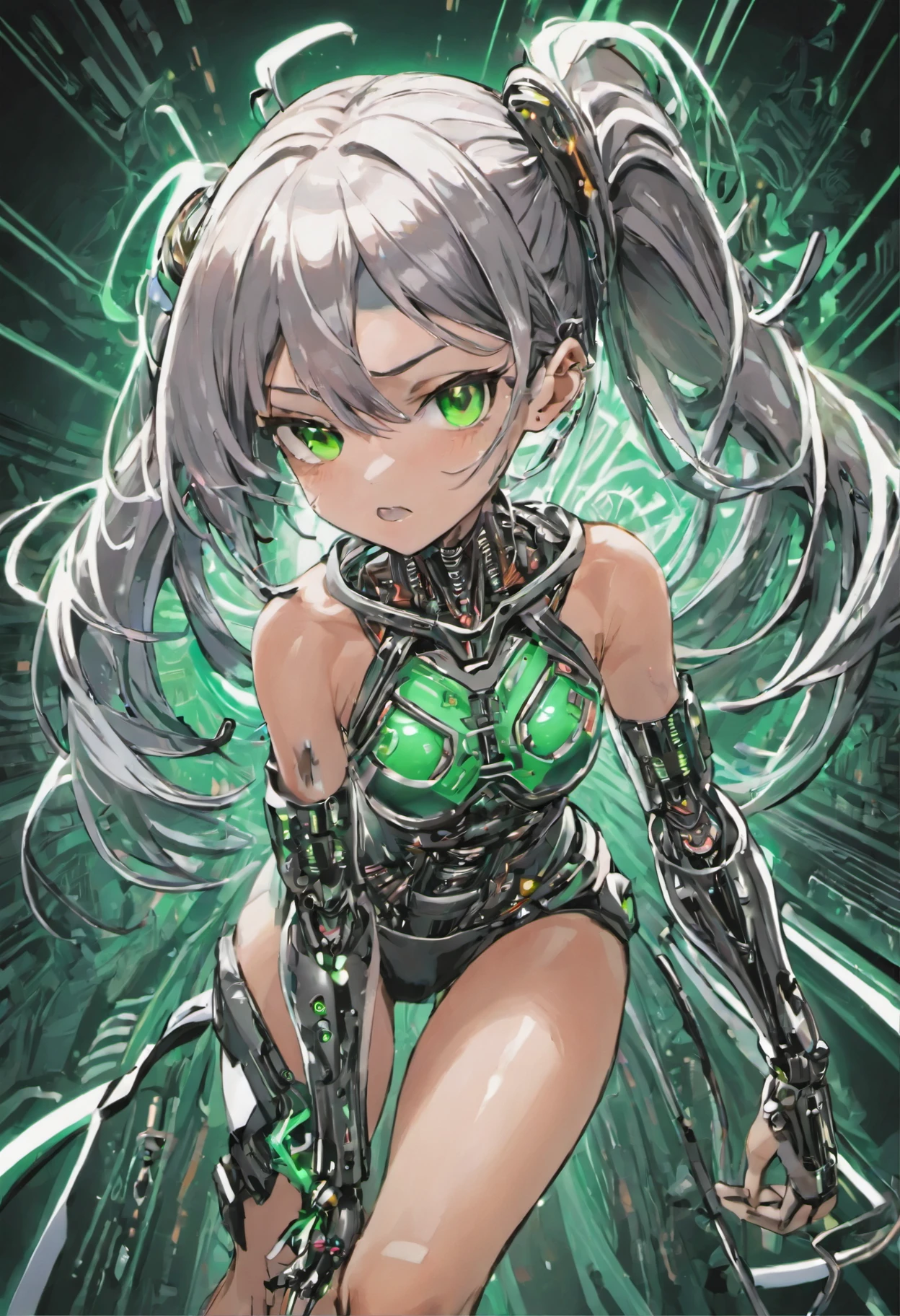 closeup of half cybernetic half human girl peeling herself from a circuit board silver hair green eyes lots of cervos and wires