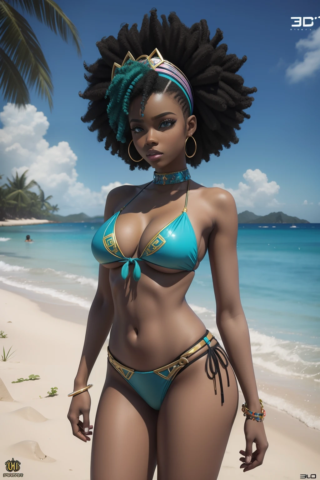 Three women in bikini and tie posing for photo, epic 3 d oshun, Estilo afrofuturismo, Realistic bikini, Afrofuturista, afro - estilo futurista, anime afrofuturismo | |, Futurismo Afro, Anime estilo 3D, deviantart artstation cgscosiety, Afro Futurista, 3 d render stylized, Cores da Jamaica, epic 3 d yemaya, Afrofuturista