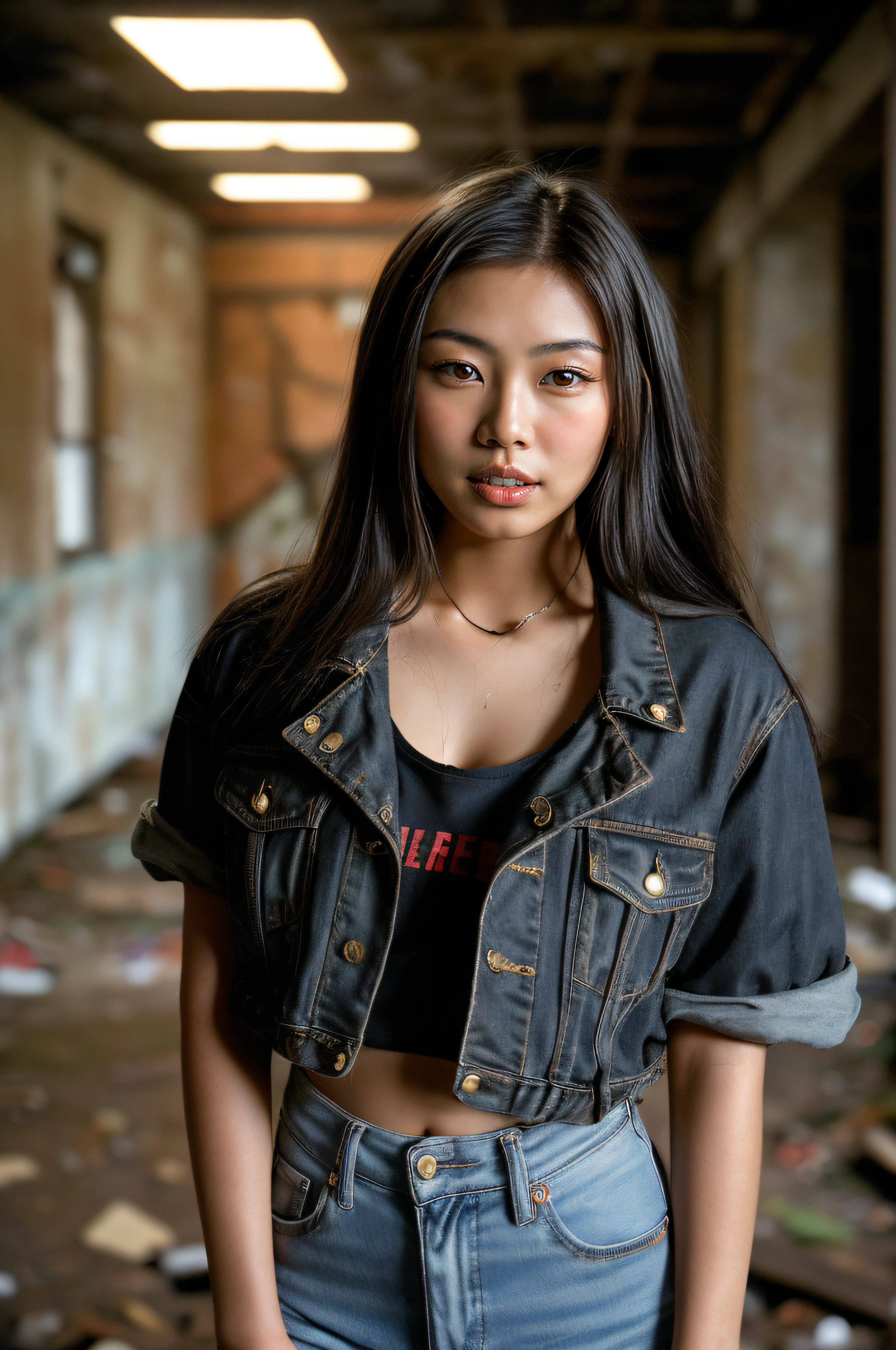 (full body, editorial photograph of a 20 year old asian brunette woman), (looks like , but still legal) (highly detailed face:1.4) (smile:0.7) (background inside a Abandoned Building, moody, private study:1.3) Full body, by lee jeffries, nikon d850, film stock photograph ,4 kodak portra 400 ,camera f1.6 lens ,rich colors ,hyper realistic ,lifelike texture, dramatic lighting , cinestill 1800, moaning, crying, face towards the camera, wearing Grunge or Punk Style clothing