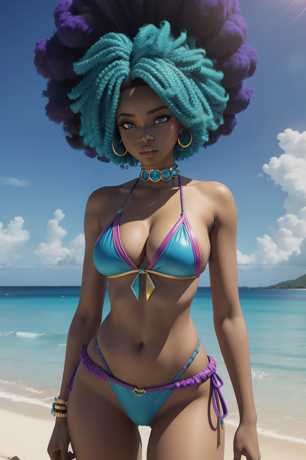 Three women in bikini and tie posing for photo, epic 3 d oshun, Estilo afrofuturismo, Realistic bikini, Afrofuturista, afro - estilo futurista, anime afrofuturismo | |, Futurismo Afro, Anime estilo 3D, deviantart artstation cgscosiety, Afro Futurista, 3 d render stylized, Cores da Jamaica, epic 3 d yemaya, Afrofuturista