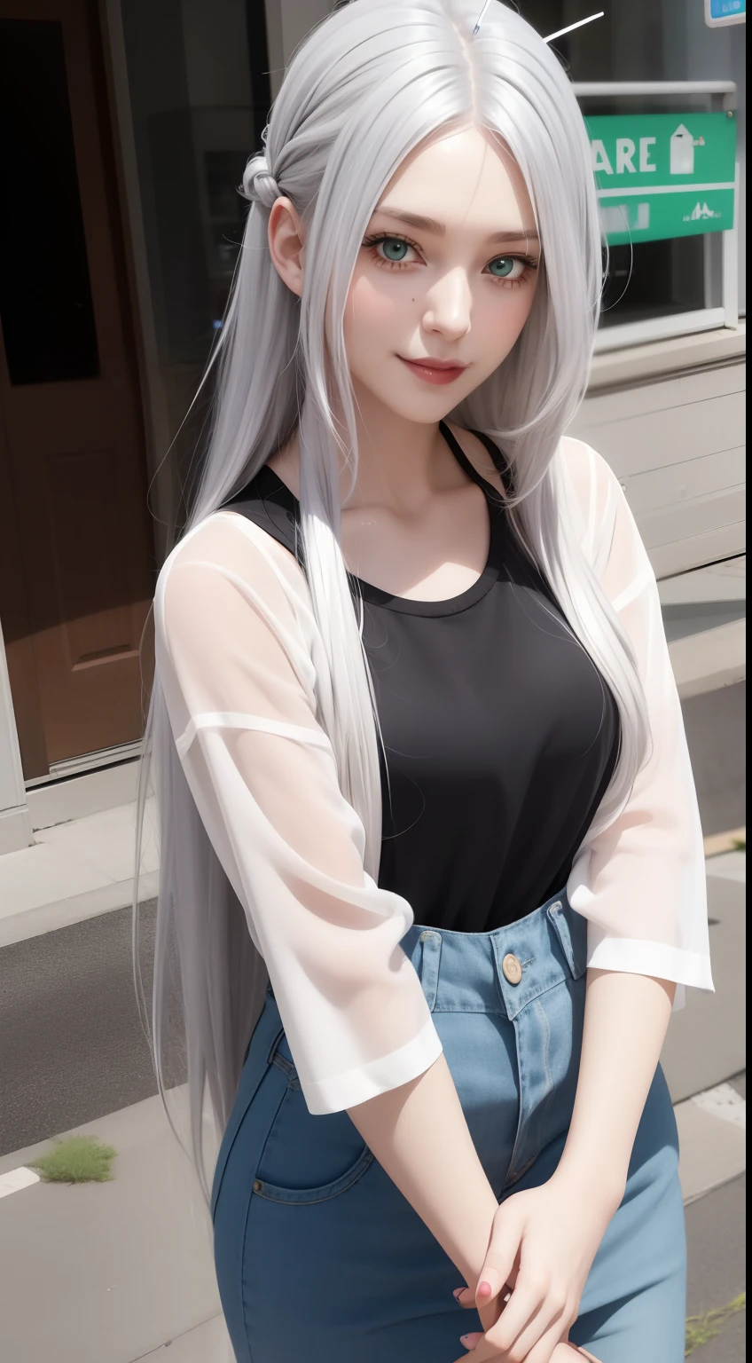 1girl, silver hair, antenna hair, long hair, green eyes, adult woman, casual clothing, smile, ross,