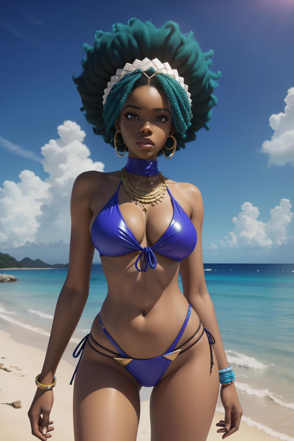 Three women in bikini and tie posing for photo, epic 3 d oshun, Estilo afrofuturismo, Realistic bikini, Afrofuturista, afro - estilo futurista, anime afrofuturismo | |, Futurismo Afro, Anime estilo 3D, deviantart artstation cgscosiety, Afro Futurista, 3 d render stylized, Cores da Jamaica, epic 3 d yemaya, Afrofuturista