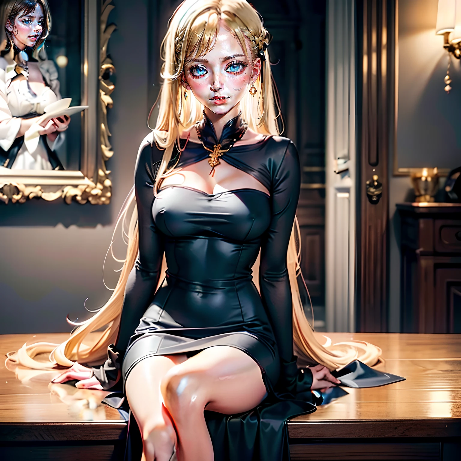 1 Caucasian woman 30 years (face with French, British, German features), long blonde hair, turquoise blue eyes, proportional body, sparkling black dress golden earrings gold necklace, looking unpretentiously at the viewer, best quality, ultra-realistic photo HD 8k detailed, sitting at the table of the Ritz in New York at night, best smile, cinematic light, natural lighting, ultra high resolution, best shadow, close-up 1:2
