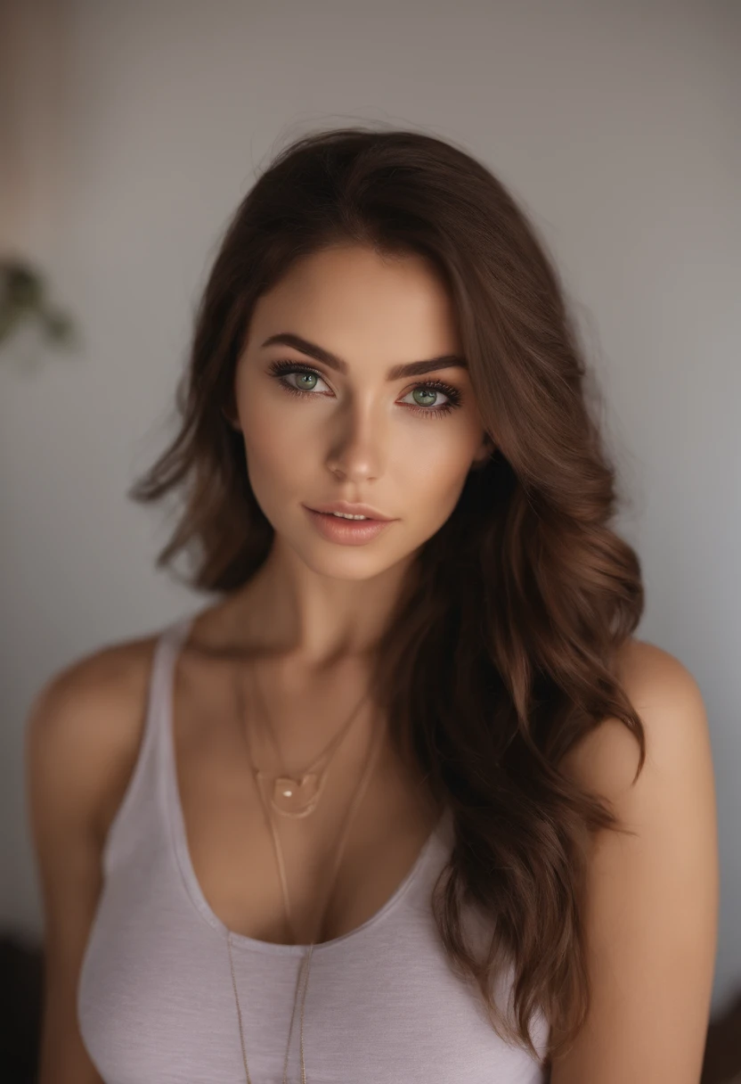 arafed woman with a white tank top and a necklace, sexy girl with green eyes, portrait sophie mudd, brown hair and large eyes, selfie of a young woman, bedroom eyes, violet myers, without makeup, natural makeup, looking directly at the camera, face with artgram, subtle makeup, stunning closeupheadshot, piercing green eyes