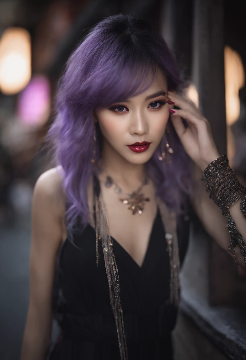masutepiece, Best Quality, 超A high resolution,Photon mapping,Best Shadow,Portrait,Beauty details,ultra high detail,long purple hair,Single braid,Blunt bangs,medium breasts,city,Chinatown,Downtown,see through, Short dress, low cut:2, Hair Ornament, earrings, Necklace, Portrait, Silver dress:2, Looking at Viewer,Solo,Professional Light, Detailed skin,