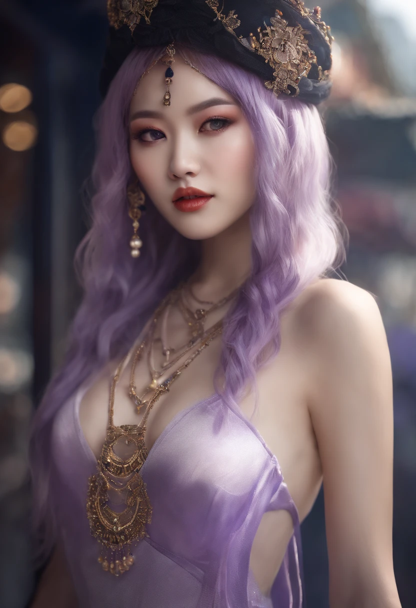 masutepiece, Best Quality, 超A high resolution,Photon mapping,Best Shadow,Portrait,Beauty details,ultra high detail,long purple hair,Single braid,Blunt bangs,medium breasts,city,Chinatown,Downtown,see through, Short dress, low cut:2, Hair Ornament, earrings, Necklace, Portrait, Silver dress:2, Looking at Viewer,Solo,Professional Light, Detailed skin,