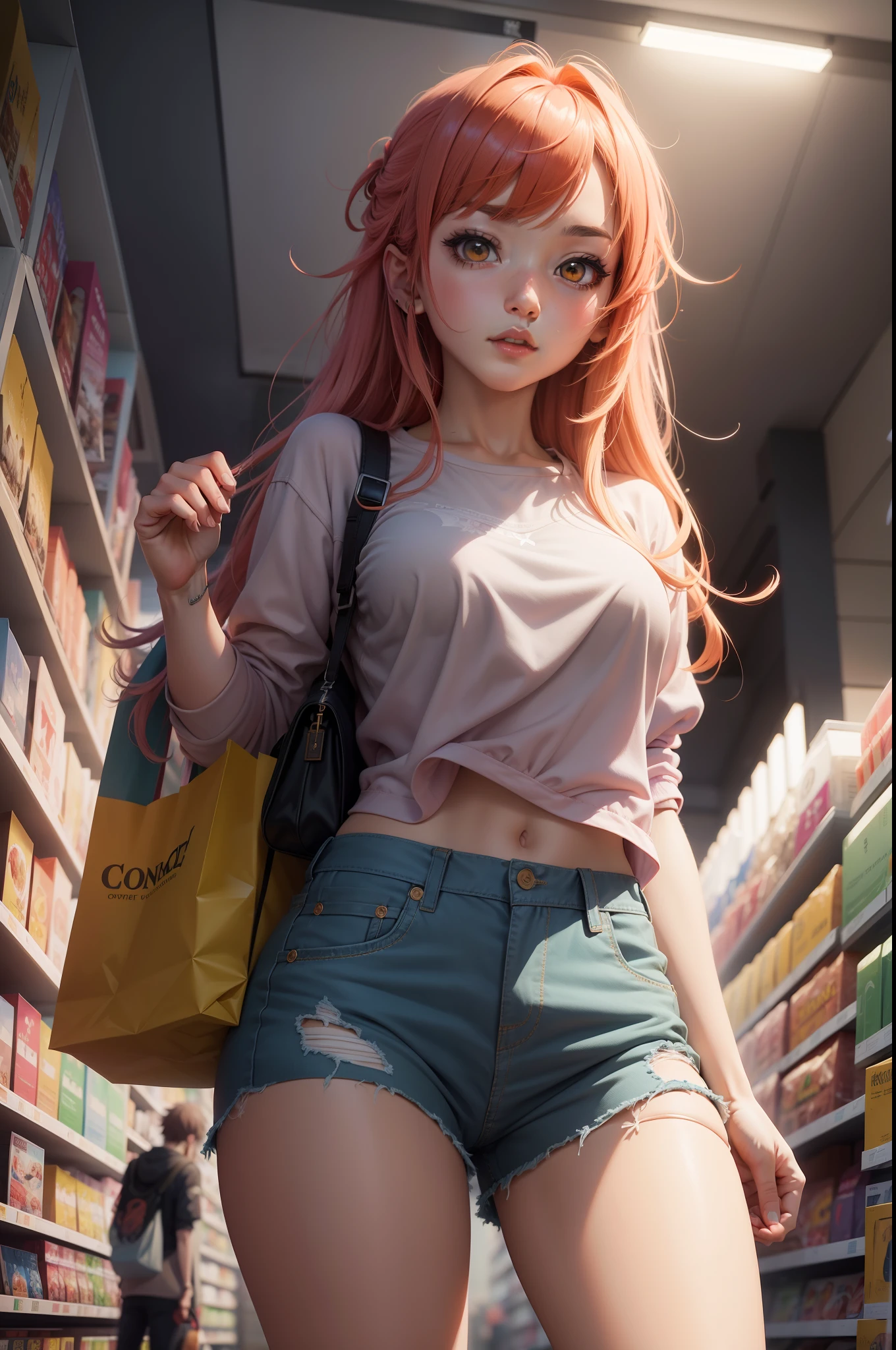 Create characters with anime art style in high resolution, imersa em cores vibrantes, segurando uma sacola de compras, estilo de anime gechin impact.