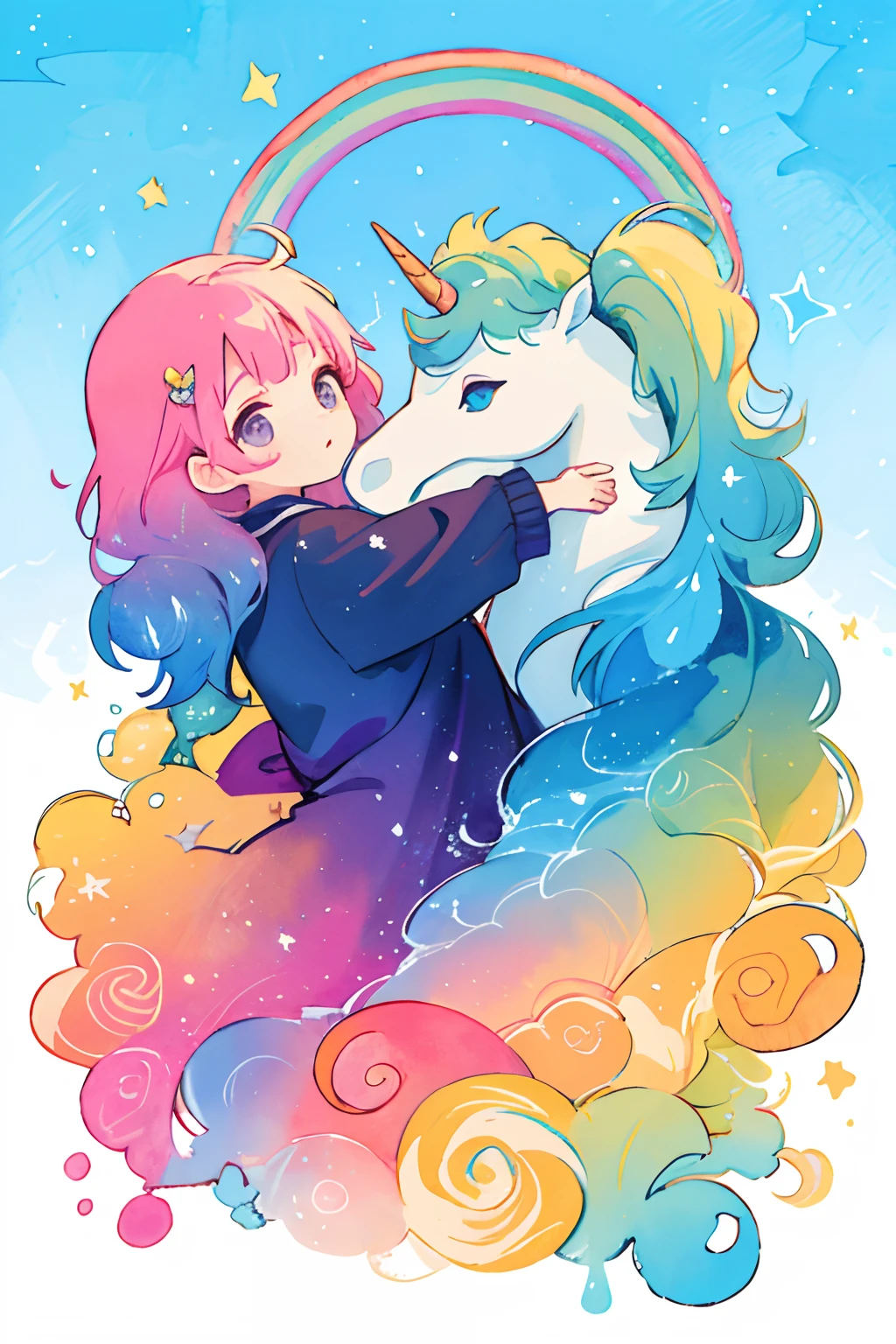 (​masterpiece、top-quality、top-quality、watercolor paiting(Curly)、Official Art、Beautifully Aesthetic:1.2)、(unicorn:1.3)、(Fractal art:1.3)、The upper part of the body、from side、looking at the viewers、patterns、(rainbow-colored hair、colourful hair、Half blue and half pink hair:1.2)、Eau、liquids、​​clouds、colourfull、starrysky、stele、