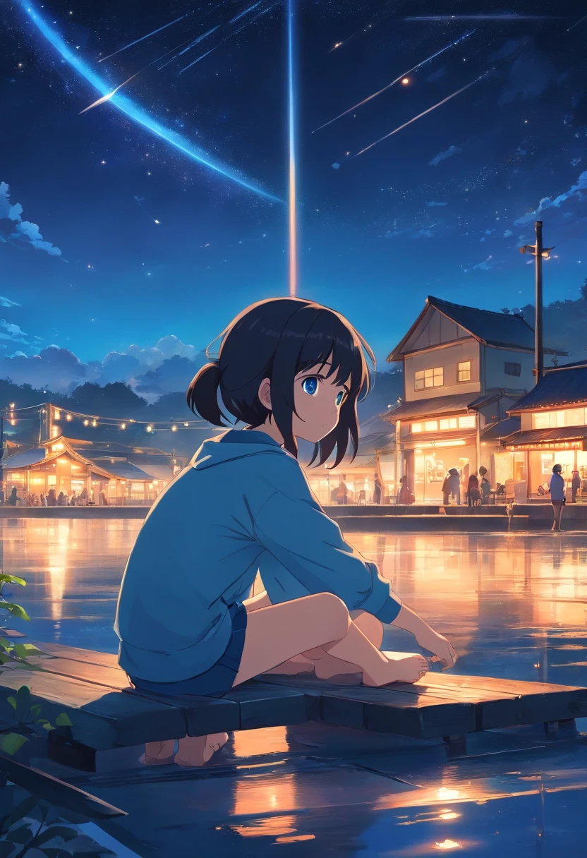 Anime 7 years old Japanese little girl, Black hair, Blue eyes, Sit under the night sky, Stargazing, Listen to music, komono,Barefoot,full bodyesbian