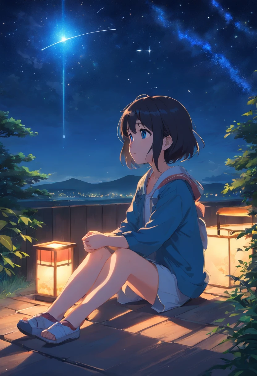 Anime 7 years old Japanese little girl, Black hair, Blue eyes, Sit under the night sky, Stargazing, Listen to music, komono,Barefoot,full bodyesbian