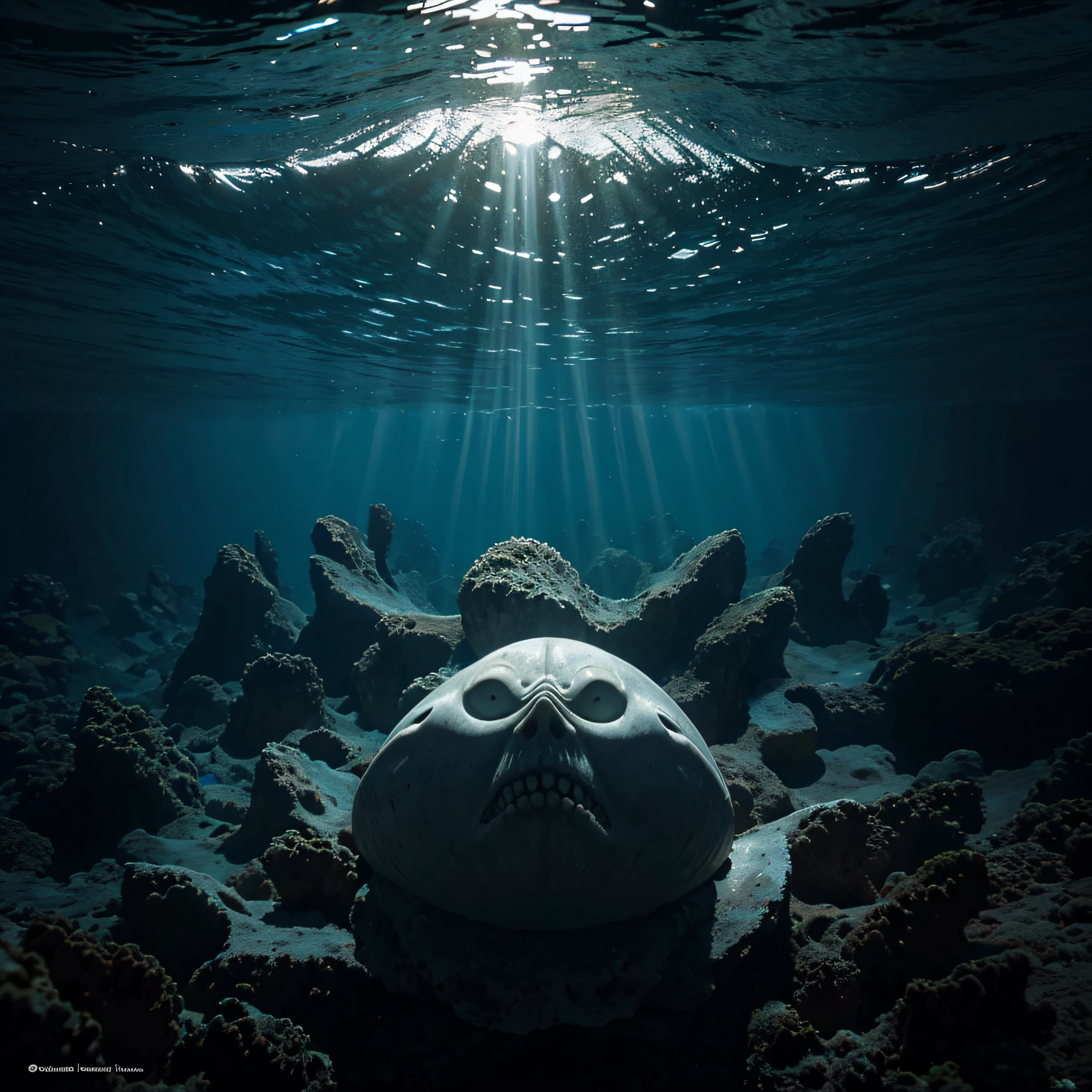 (extremadamente detallado, obra maestra, La mejor calidad, Under the Ocean), Estilo oscuro, volumetric illumination. textura de babosa, piel de caracol. manchas de tinta. Rococo composition.