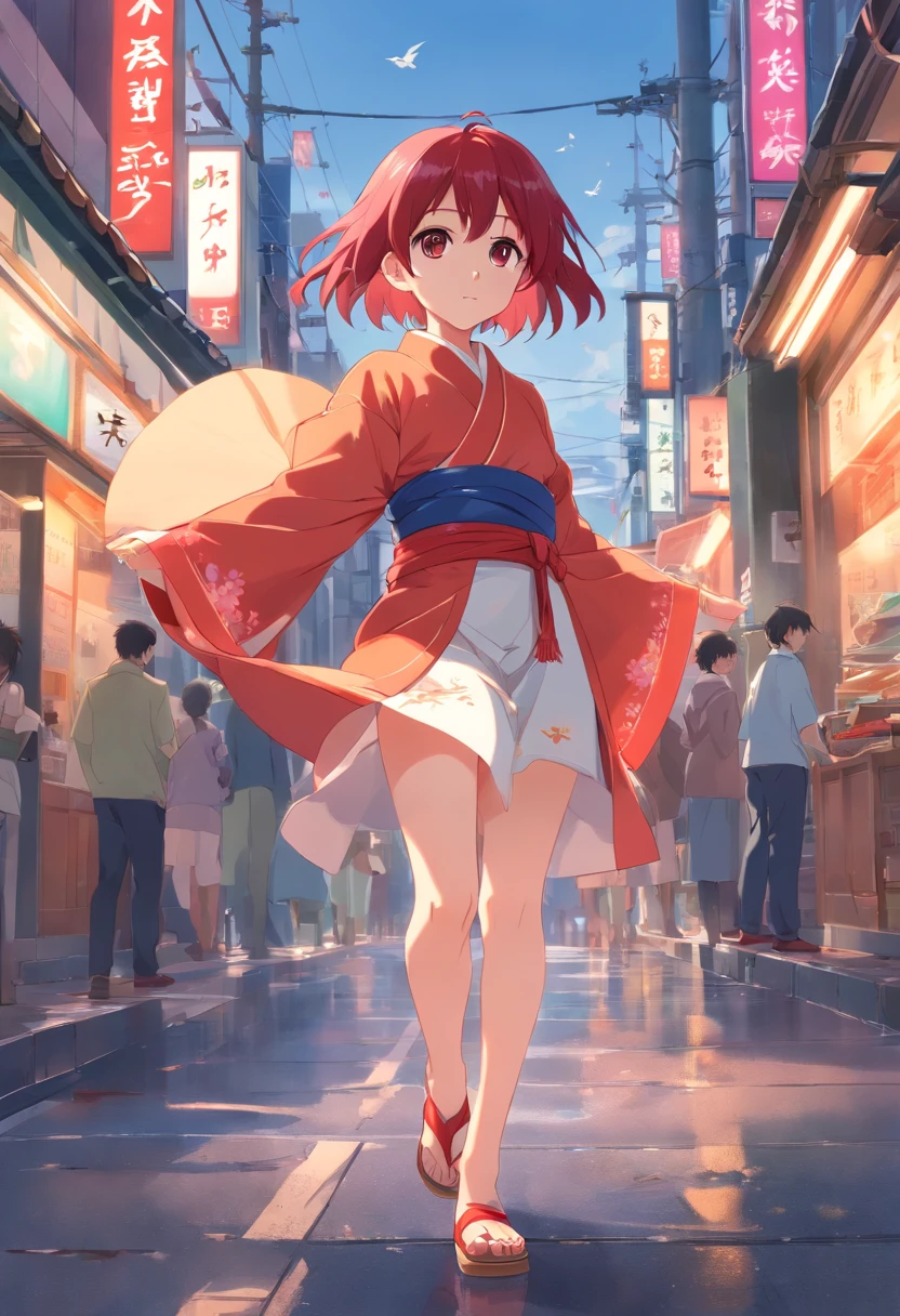 (aestheticly pleasing:1.2)、(A 7--old anese girl:1.3)、(Red and white colorful hair:1.2)、Wearing a colorful kimono in white and pink、Tokyo streets、The twilight of autumn、Sunset、Barefoot、Wearing clogs、(potbelly、prengant:1.3)、(full bodyesbian)、(Heterochromia、Heteropupil)