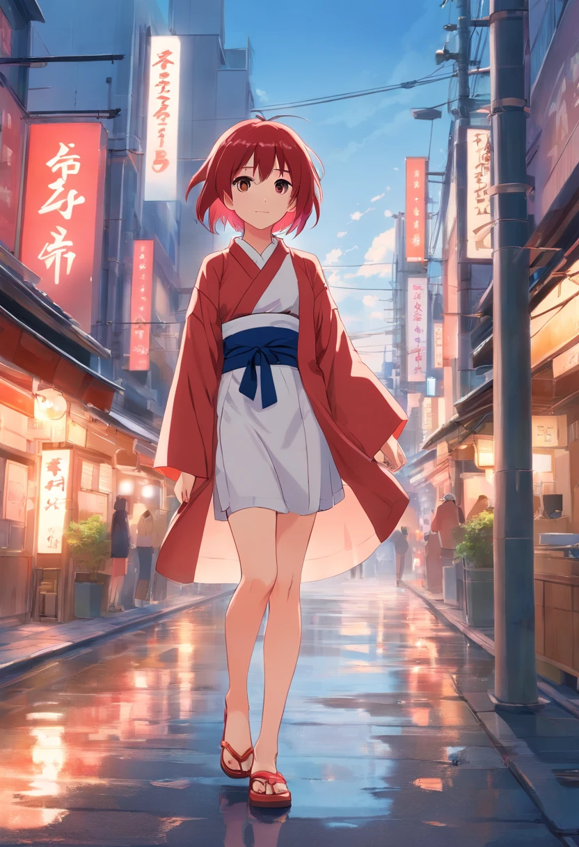 (aestheticly pleasing:1.2)、(A 7--old anese girl:1.3)、(Red and white colorful hair:1.2)、Wearing a colorful kimono in white and pink、Tokyo streets、The twilight of autumn、Sunset、Barefoot、Wearing clogs、(potbelly、prengant:1.3)、(full bodyesbian)、(Heterochromia、Heteropupil)