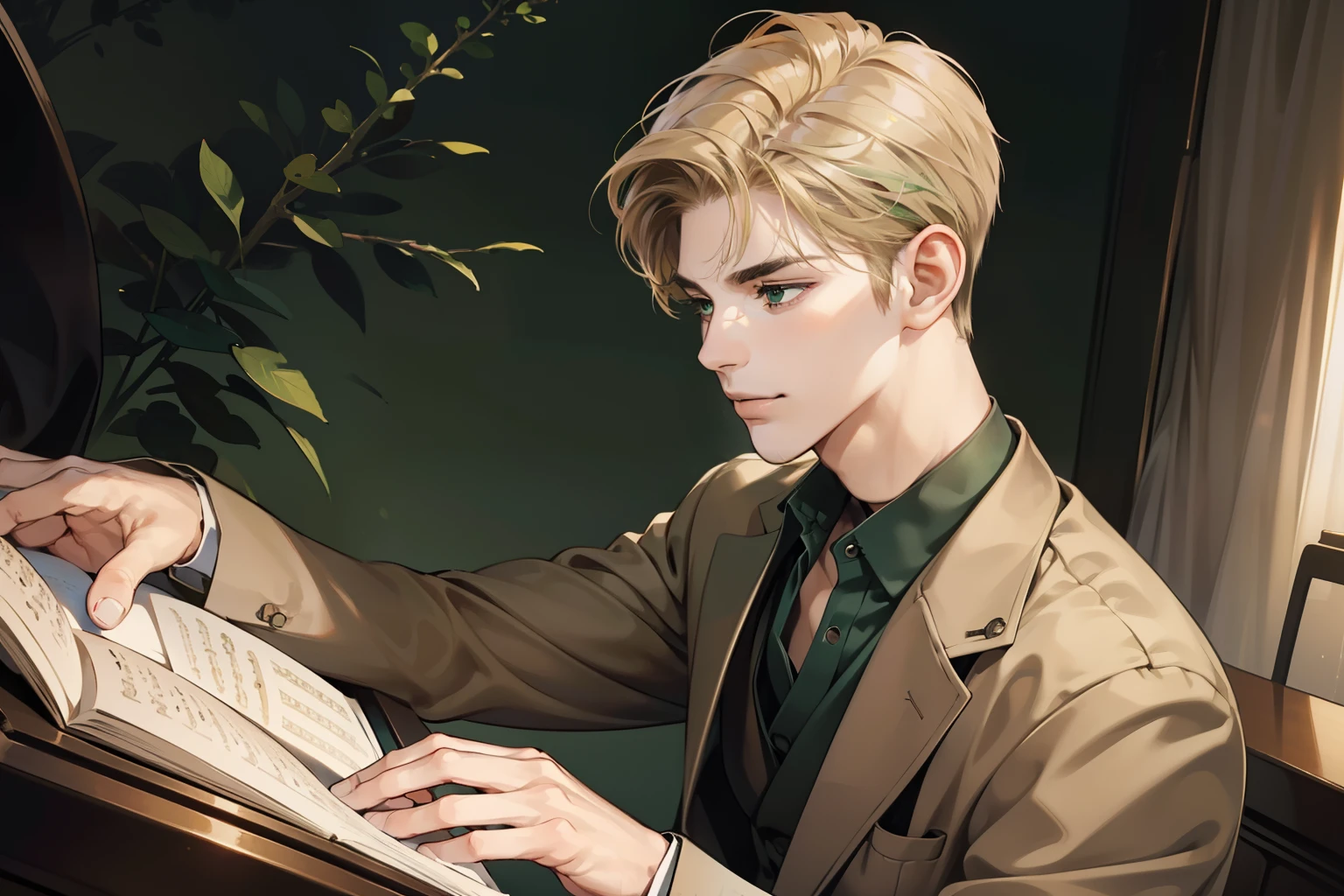 masterpiece, best quality, realistic, 1man, mature male, quiet and charming young man, 18 years old, close his eyes, smirk, closed mouth, extremely detailed face, a little distant, ((dark green eyes)), ((short-side-swept sandy blonde hair)), [thick eyebrows], ((brown suit)), playing piano, 4K