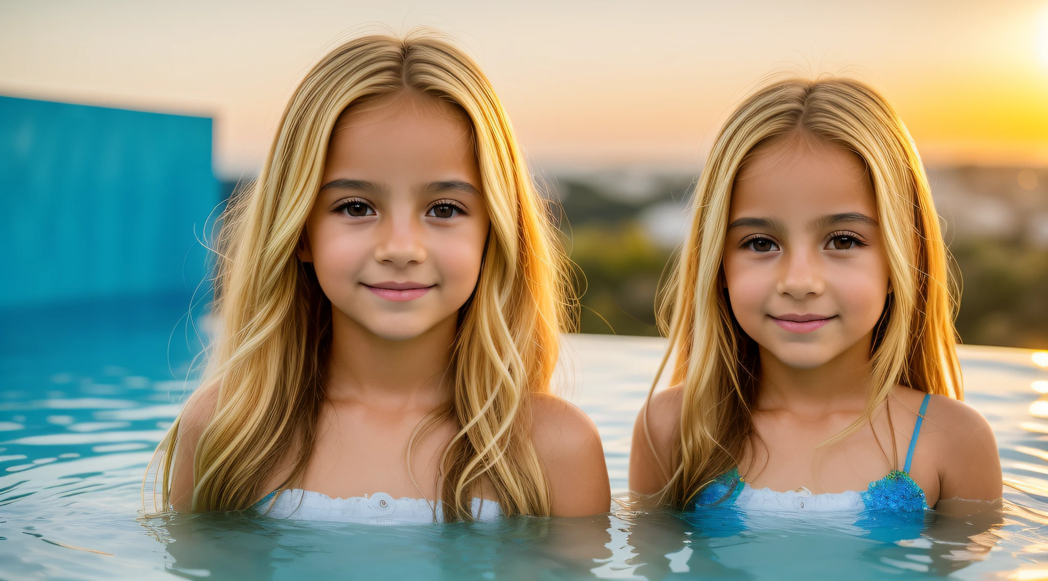 girls, BLONDE LONG HAIR com um capuz vermelho, There is a yellow roof with a swimming pool and a sunset, ouro cintilante, brilho dourado, hora de ouro brilhante, gold refractions off water, ouro brilhante, luz dourada, brilho dourado, brilhante, liquid gold, golden hour lighting, brilhando, dourado brilhante, brilho dourado, Hora de Ouro, morning golden hour, formas douradas