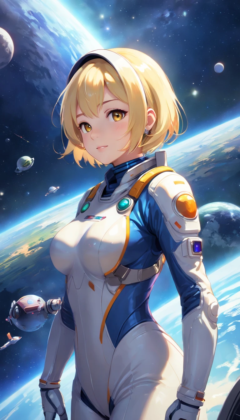 masterpiece、top-quality、The ultra -The high-definition、Top resolution、ighly detailed、profetional lighting、illustratio、(Futuristic spaceship interior interior)、(Inside the space station)、Space passenger aircraft seats、bustshot,1人の女性,(space helmet):1.8,astronaut helmet,(space suits:1.4),(Glossy Latex Silver Bodysuit):1.3,(deadpan:1.5),(real face):1.5,(Blonde Shorthair):1.2,(Yellow hair), Shining hair ornament, head phone,space suits,Colossal tits、(A slight smil:1.0)、pretty skin、