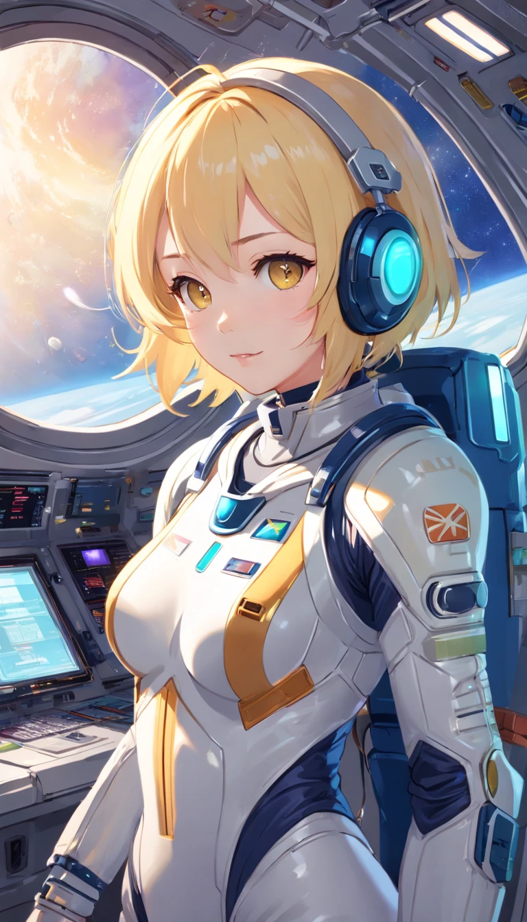 ​masterpiece、top-quality、The ultra -The high-definition、Top resolution、ighly detailed、profetional lighting、illustratio、(Futuristic spaceship interior interior)、(Inside the space station)、Space passenger aircraft seats、bustshot,1人の女性,(space helmet):1.8,(space suits:1.4),(Glossy Latex Silver Bodysuit):1.3,(deadpan:1.5),(real  face):1.5,(Blonde Shorthair):1.2,(Yellow hair), Shining hair ornament, head phone,space suits,Colossal tits、(A slight smil:1.0)、pretty skin、