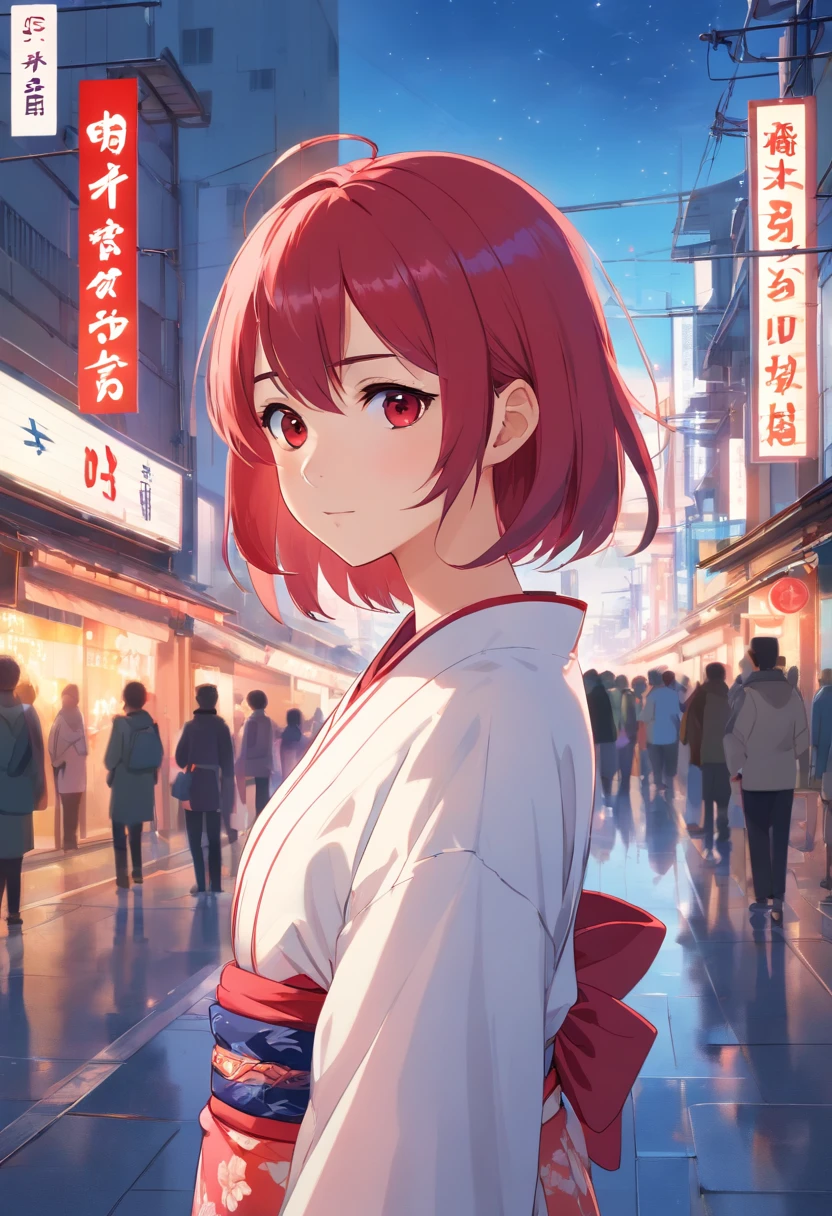 (aestheticly pleasing:1.2)、(A 7-year-old Japanese girl:1.3)、(Red and white colorful hair:1.2)、Wearing a colorful kimono in white and pink、Tokyo streets、Sit under the night sky、stargazing、Listen to music、Barefoot、(potbelly、prengant:1.3)、(full bodyesbian)、(Heterochromia、Heteropupil)