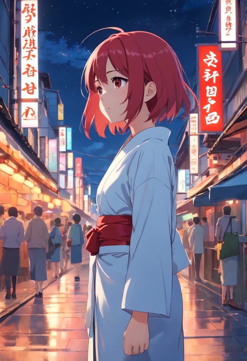 (aestheticly pleasing:1.2)、(A 7-year-old Japanese girl:1.3)、(Red and white colorful hair:1.2)、Wearing a colorful kimono in white and pink、Tokyo streets、Sit under the night sky、stargazing、Listen to music、Barefoot、(potbelly、prengant:1.3)、(full bodyesbian)、(Heterochromia、Heteropupil)