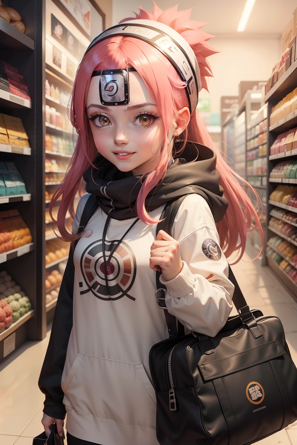 1 menina,com sacolas de compras, olhando para o espectador, sorriso,fofa,linda,gostosa,com estilo de arte de anime como naruto e bleach.