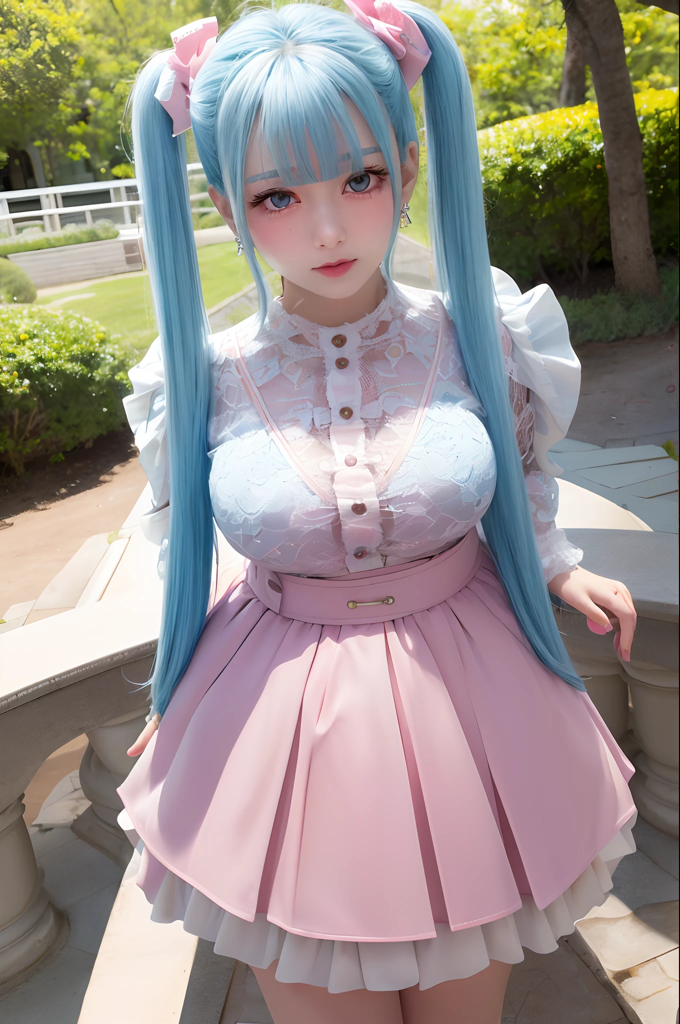 (masterpiece, best quality, high quality, highres:1.2), ultra high res, absurdres, sharp focus, detailed, cowboy shot, sfw, cute,
1girl, (light blue hair:1.1), (long hair:1.1), twintails, (pink eyes:1.1), thick eyelashes, (finely-detailed eyes:1.1), sharp pupils, (looking at viewer:1.2), happy, smile,
jirai fashion, jirai kei, white and pink clothes, (heart-shaped earrings:1.1), medium breasts, detailed skin, shiny skin, glossy lips,
standing, dynamic pose, v-sign,
outdoors, park, playground
