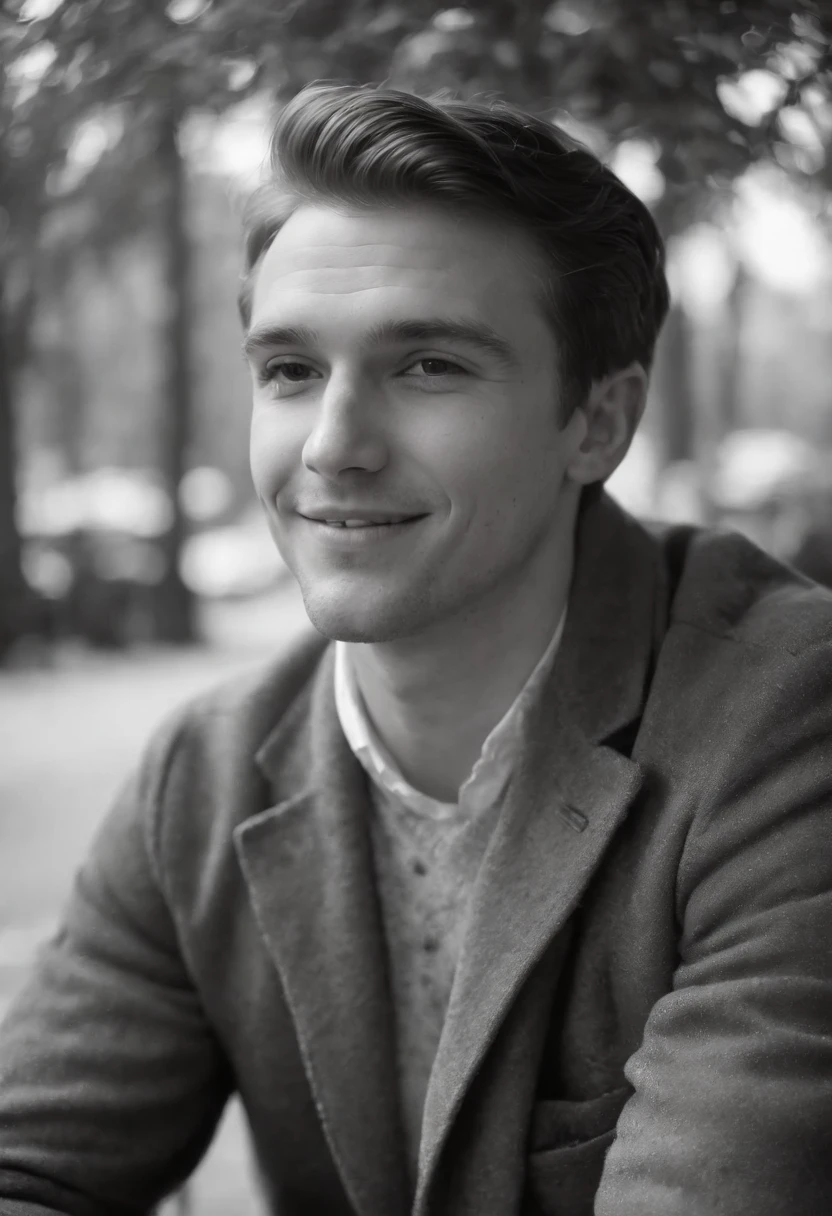 A vintage grainy low quality realistic photograph in the 60s, a handsome young James man smiling, sitting on a bench, 60s quality,1960s grainy quality, poor quality, worst quality, Male, Man, hot MAN, JAMES IS A MAN NOT A WOMAN