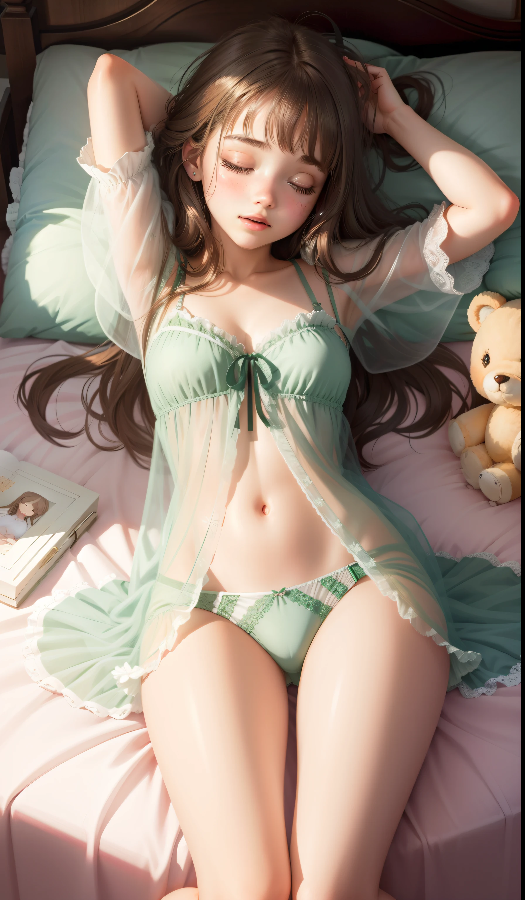 Sleeping Girl, 18 years old, Realistic, Wearing green panties and a transparent nightgown, Open legs, Expressions of satisfaction and relief, Brown hair. Pink bed theme and some cute stuffed animals on the bed,An ultra-high picture quality,high-detail,Happened
