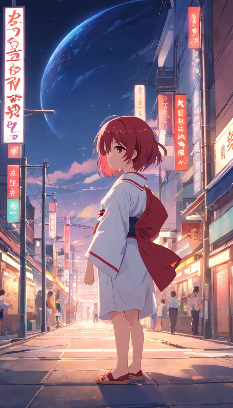 (aestheticly pleasing:1.2)、(A 7-year-old Japanese girl:1.3)、(Red and white colorful hair:1.2)、Wearing a colorful kimono in white and pink、Tokyo streets、Sit under the night sky、stargazing、Listen to music、Barefoot、(potbelly、prengant:1.3)、(full bodyesbian)、(Heterochromia、Heteropupil)