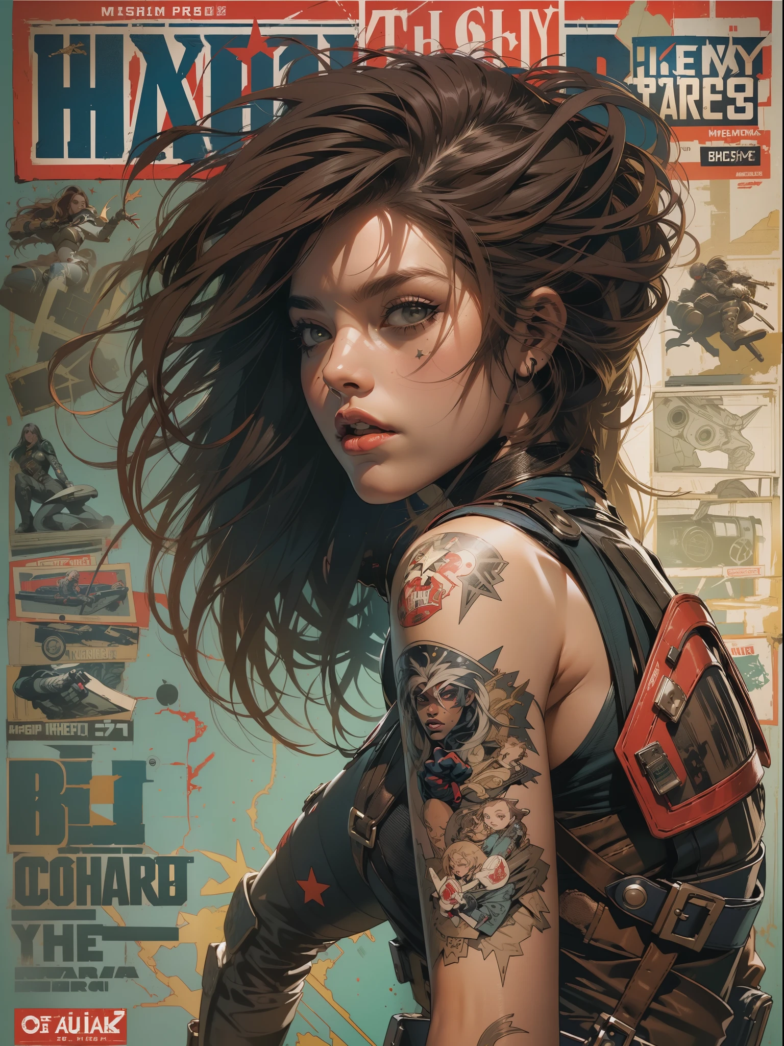 (((mulher))), (((melhor qualidade))), (((obra prima))), (((adulto))), (((1girl))), ((( corte de cabelo bob ))), Uma gladiadora cyberpunk mulher de 25 anos com corpo perfeito, shoulder pads with metal spines, Gladiadores do Brooklyn, (( corte de cabelo bob )), tiny leather panties, camiseta de time de rugby rasgada, quase nua no estilo selvagem urbano de Simon Bisley para a capa da revista Heavy Metal, Cabelo loiro curto, Minimum clothing, Metal protection on the left arm with intricate graphics, Dark red with white stars and white and navy blue checkerboard pattern, armadura, cheio de pontas e rebites, (((do joelho pra cima))), cabelos loiro branco curto, no fundo uma parede pintada por Shepard Fairey com um design intrincado