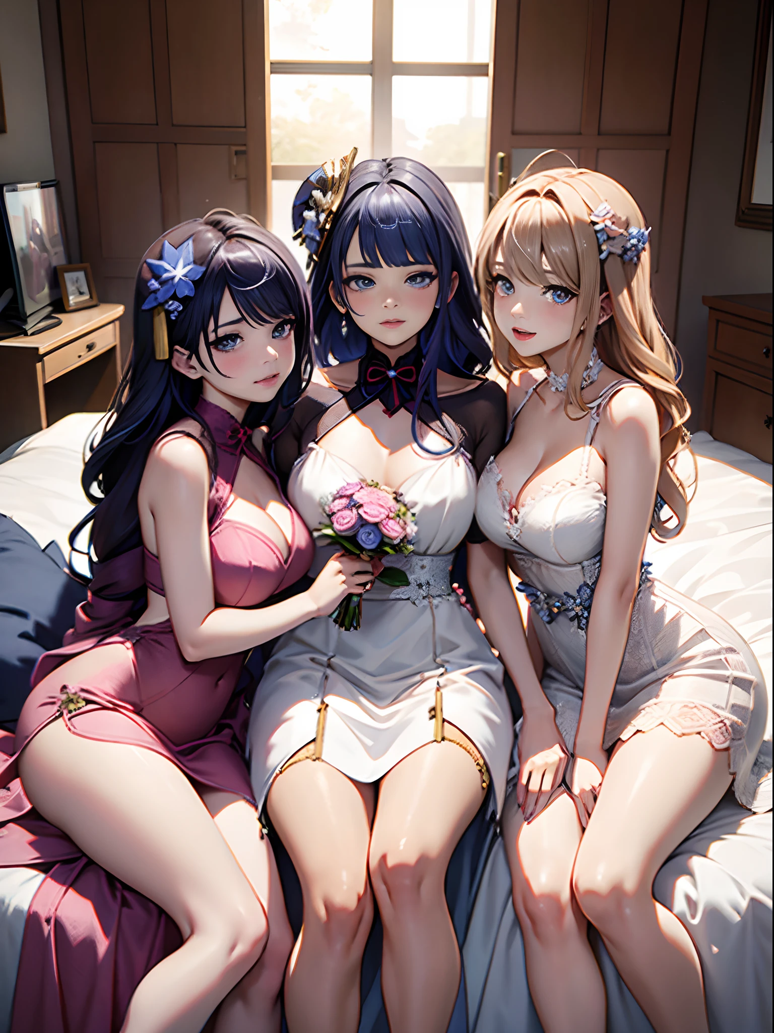 Three women in wedding dresses sitting on the bed，holds a bouquet of flowers, lalisa manobal, Album art, Official artwork, very magical and dreamy, ethereal fairytale, Ethereal beauty, Koreainsta Goddess, Ethereal fantasy, celestial goddess, lalisa manoban of blackpink, sakimichan, jaeyeon nam, ulzzangs, Ethereal and dreamy, fantasy beautiful，Extra-large big breasts，Blush，Perfect body slim curves，