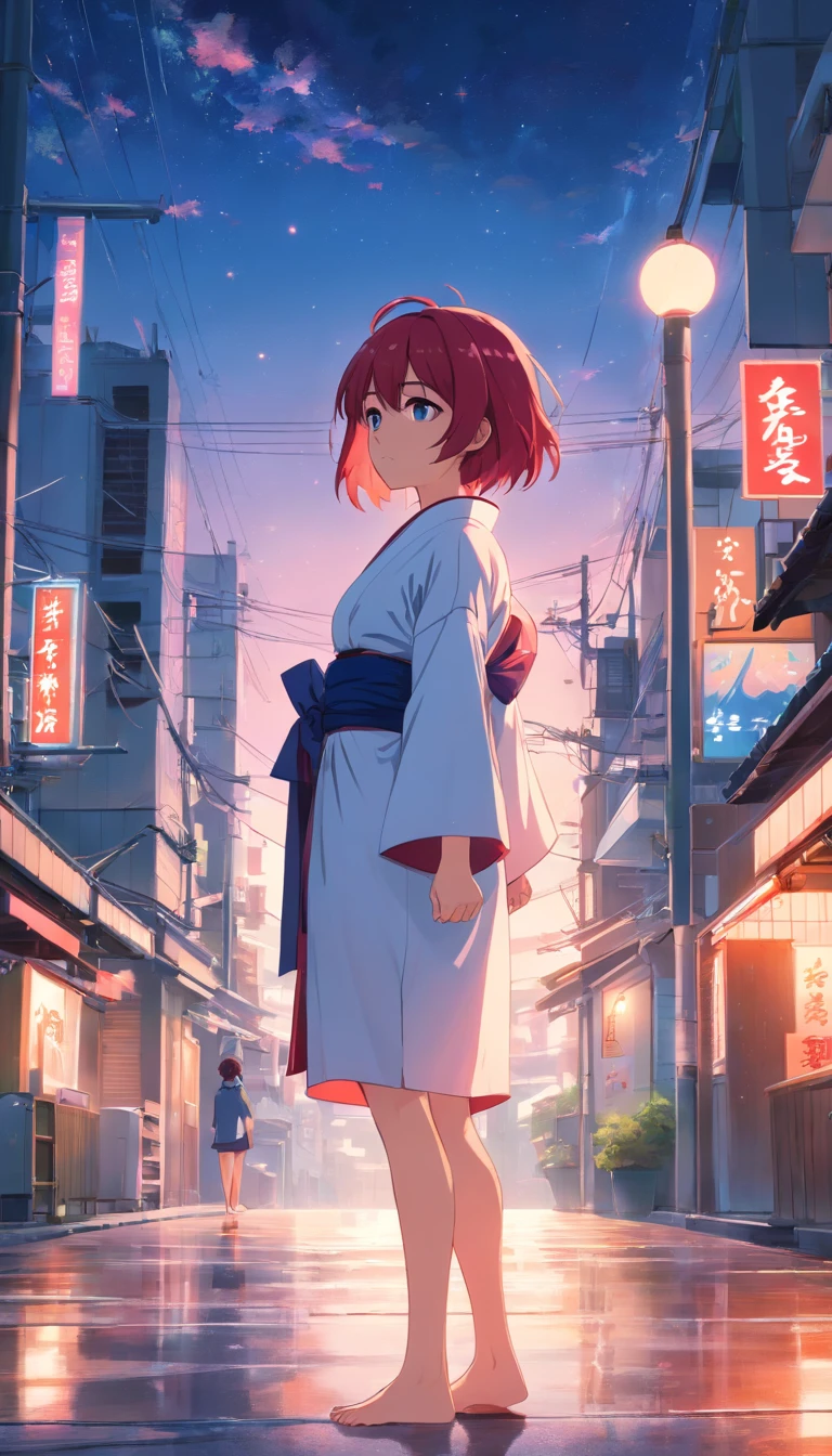 (aestheticly pleasing:1.2)、(A 7-year-old Japanese girl:1.3)、(Red and white colorful hair:1.2)、Wearing a colorful kimono in white and pink、Tokyo streets、Sit under the night sky、stargazing、Listen to music、full bodyesbian、Barefoot、(potbelly、prengant:1.3)、(full bodyesbian)、(Heterochromia、Heteropupil)