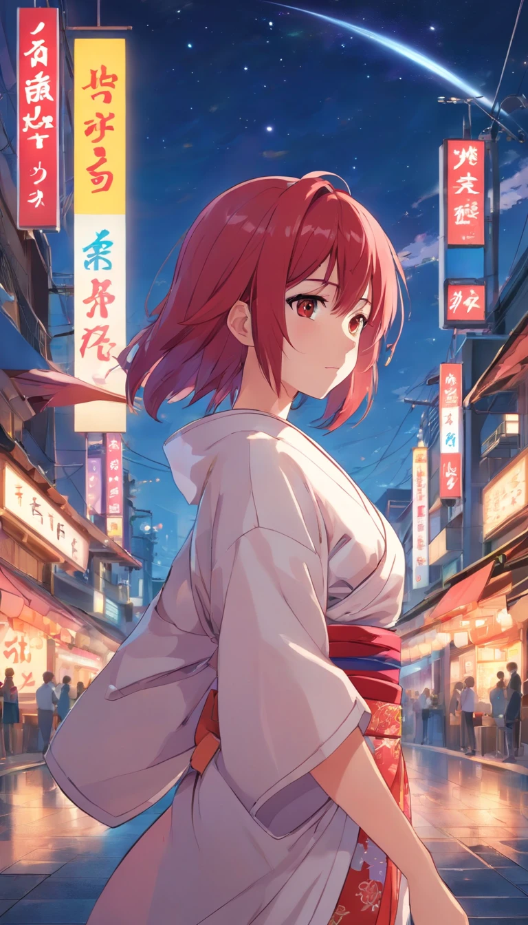 (aestheticly pleasing:1.2)、（A 7-year-old Japanese girl:1.3）、(Red and white colorful hair:1.2)、Wearing a colorful kimono in white and pink、Tokyo streets、Sit under the night sky、stargazing、Listen to music、full bodyesbian、Barefoot、（potbelly、prengant:1.3）、（full bodyesbian）、（Heterochromia、Heteropupil）