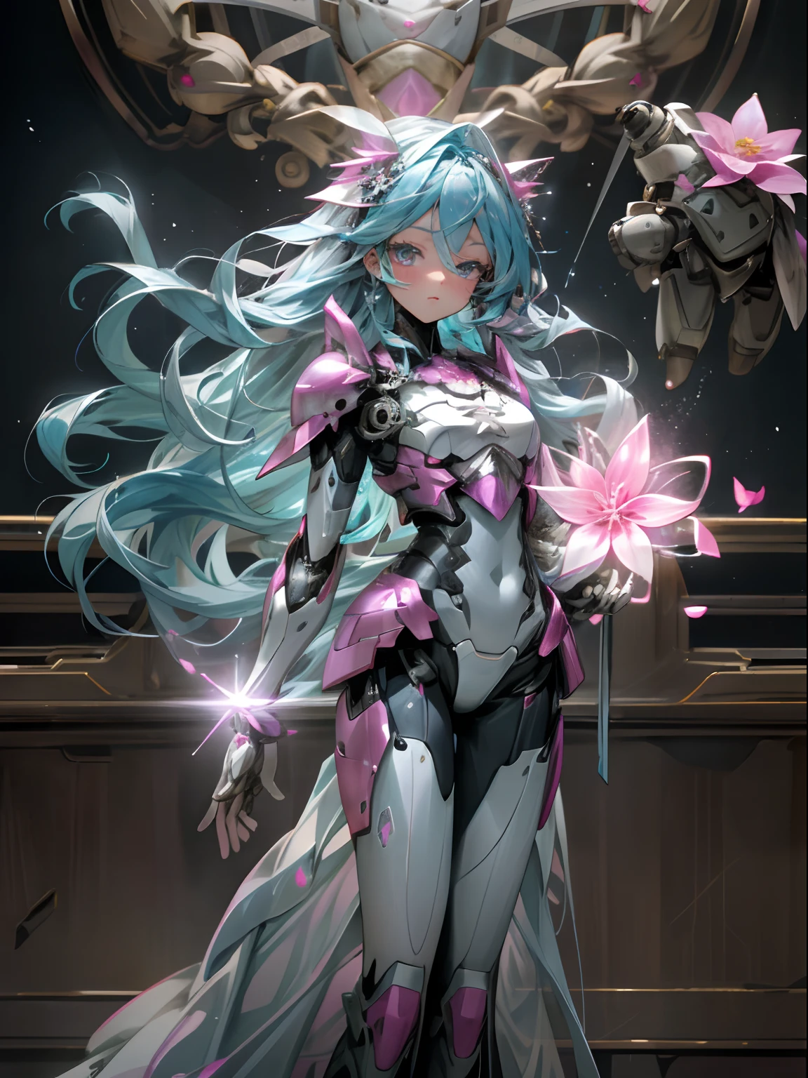 (Masterpiece, Highest quality: 1.3), (16k, high resolution: 1.3), Beautiful age girl, (blue flowing hair), flowers on head, pink armor, Mechanical body, Transparent skin, Cinematic light, with light glowing, Very cute and beautiful Korean woman idol, full bodyesbian, staring at the audience, Firm and dignified eyes, gorgeous, goddess